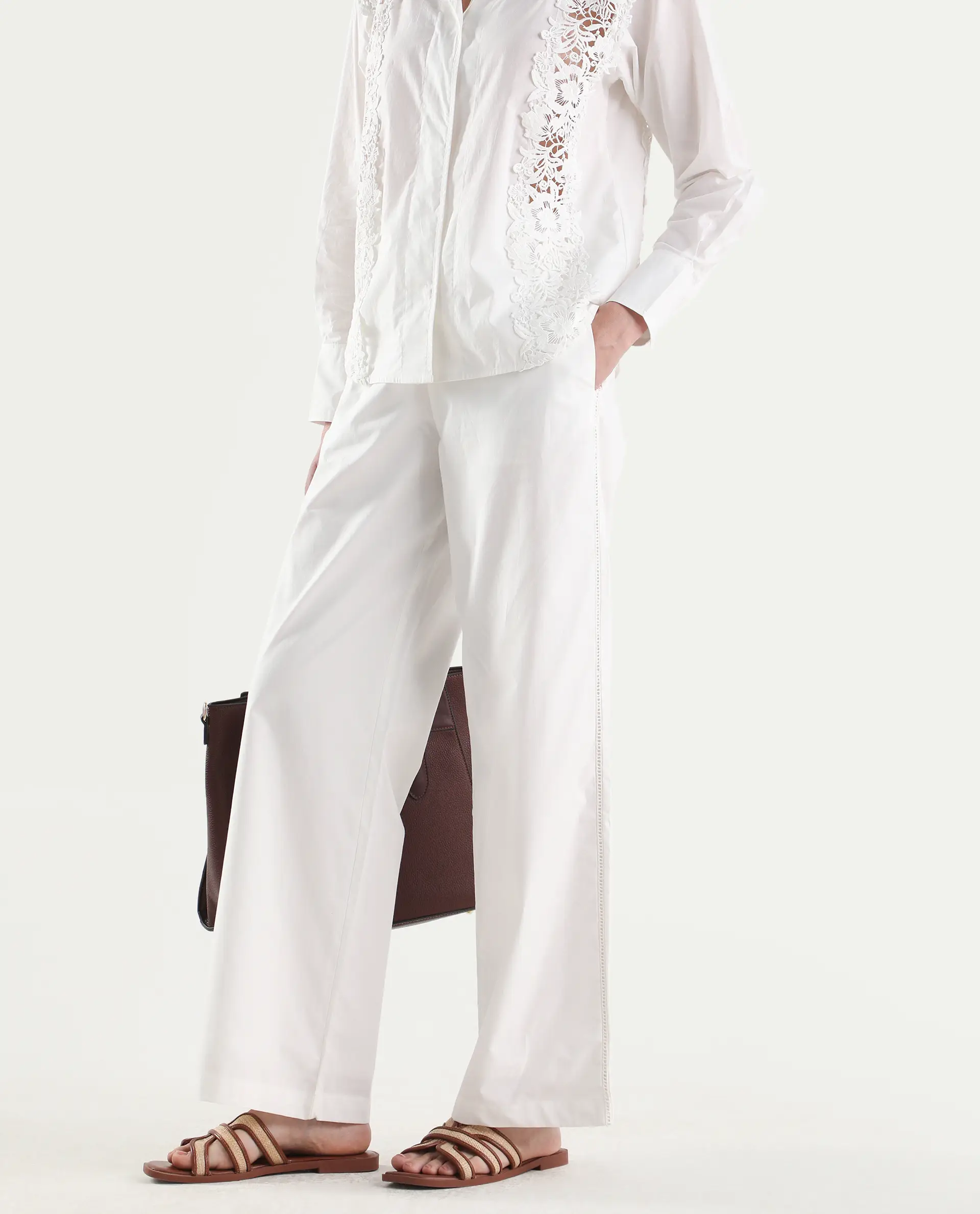 Rareism Women's Mysa-B Off White Cotton Straight Plain Trouser - Image 2