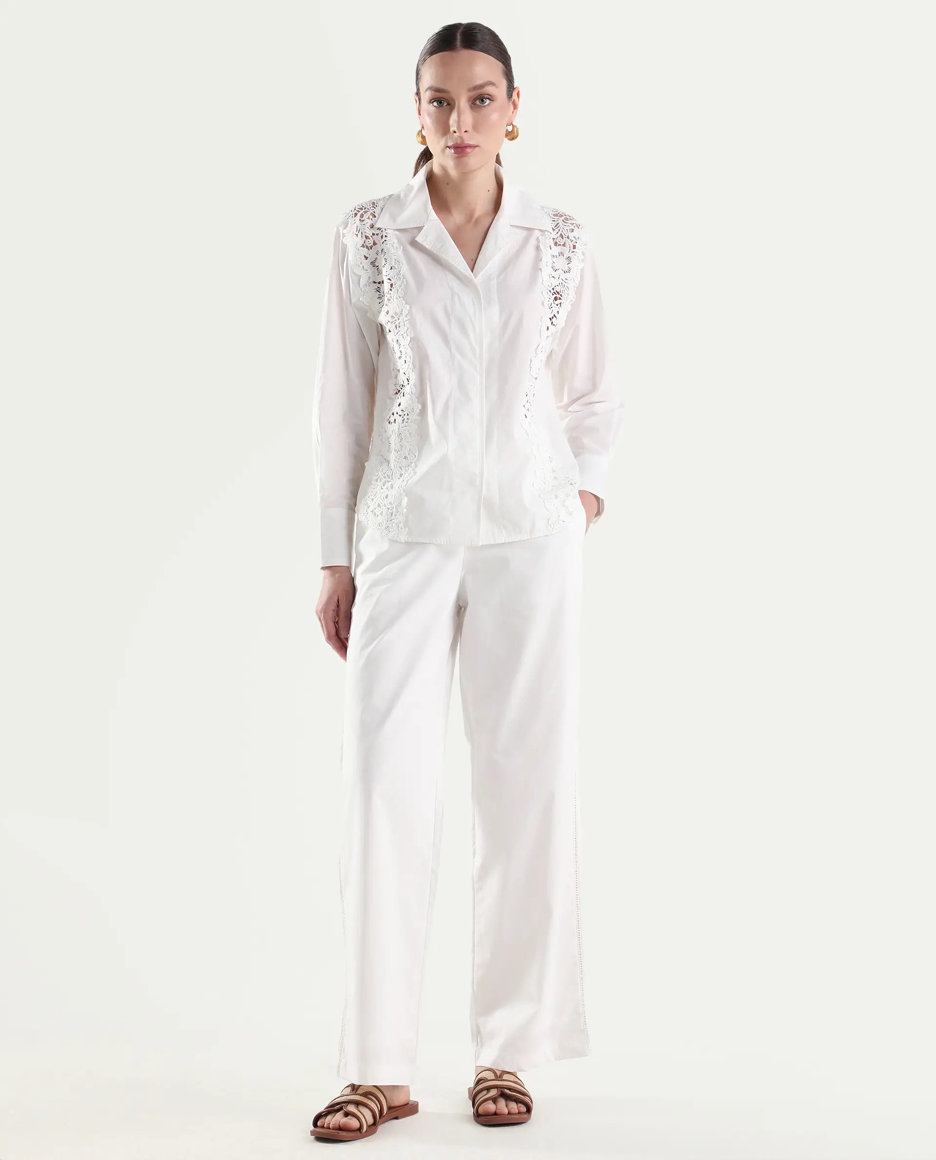Rareism Women's Mysa-B Off White Cotton Straight Plain Trouser - Image 3