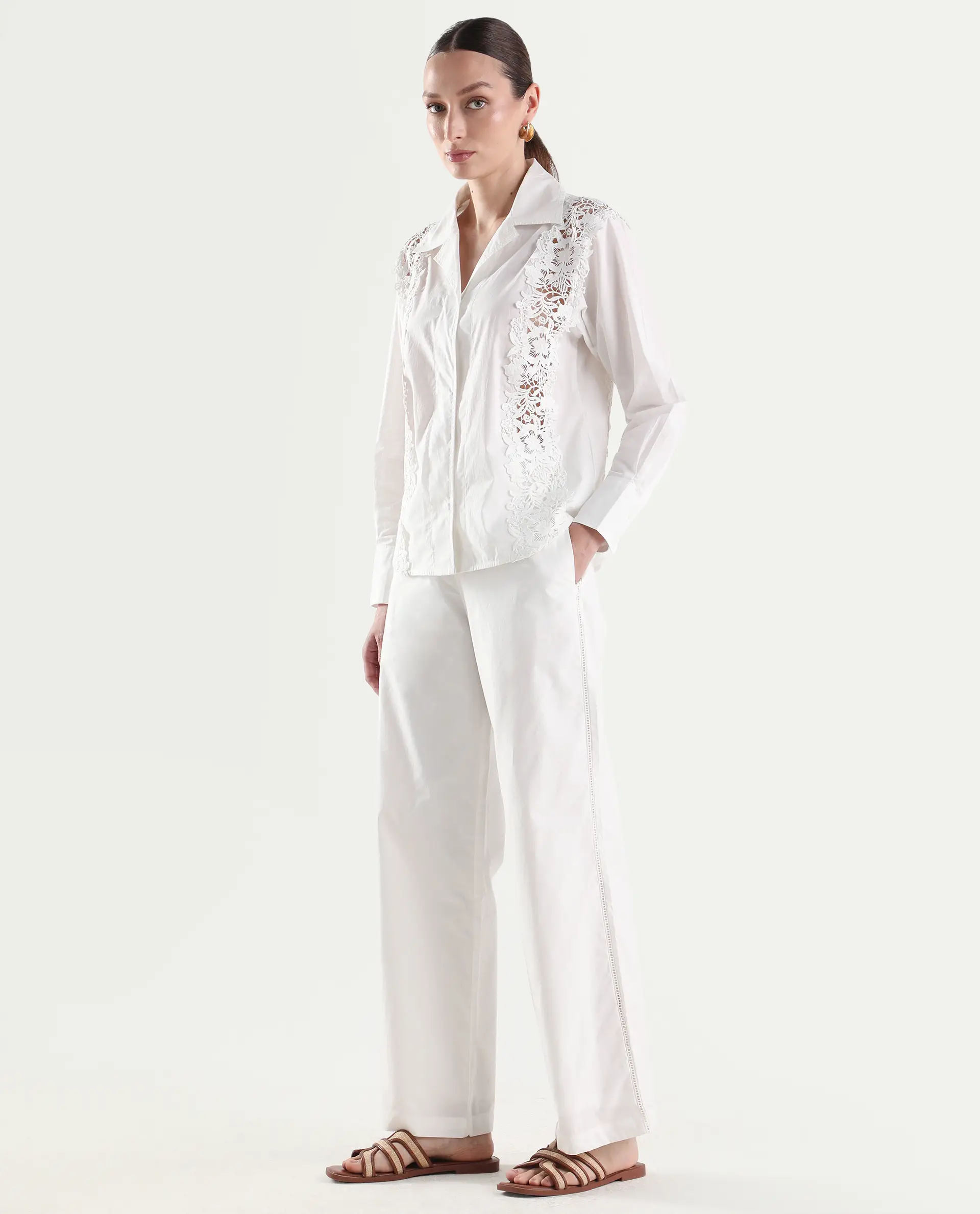 Rareism Women's Mysa-B Off White Cotton Straight Plain Trouser - Image 5