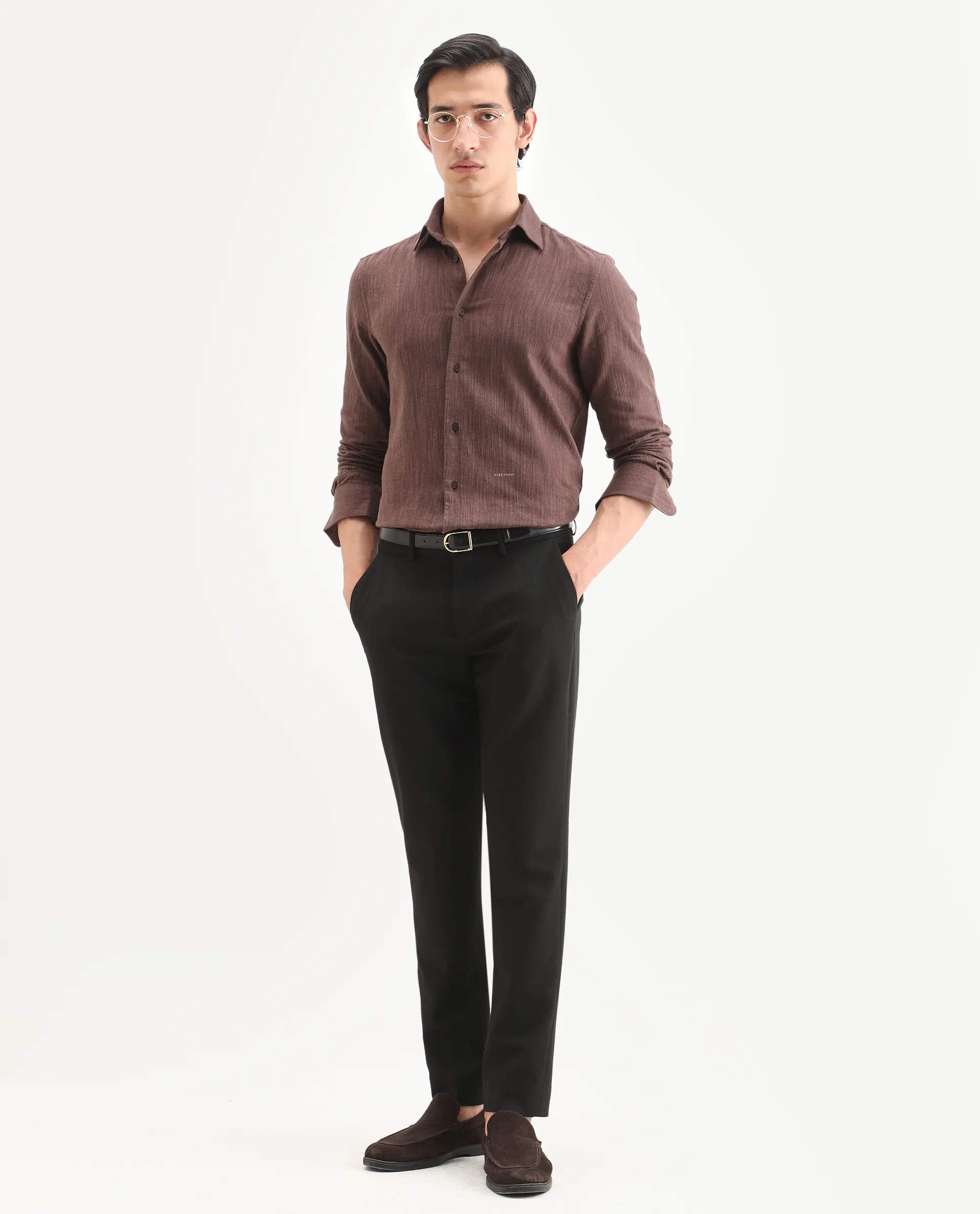 Rare Rabbit Men's Mysa Brown Cotton Fabric Spread Collar Regular Fit Textured Shirt - Image 2