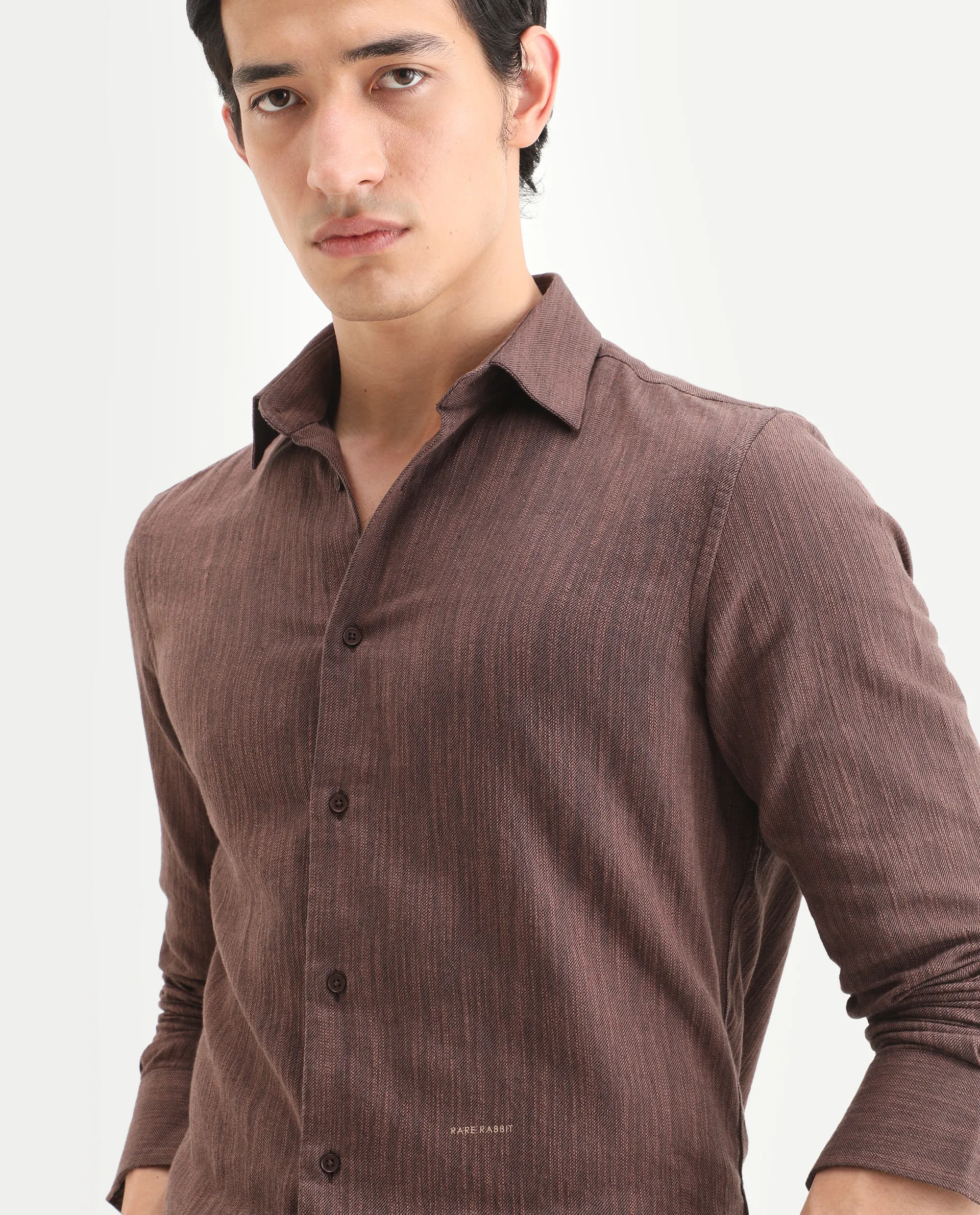 Rare Rabbit Men's Mysa Brown Cotton Fabric Spread Collar Regular Fit Textured Shirt - Image 3