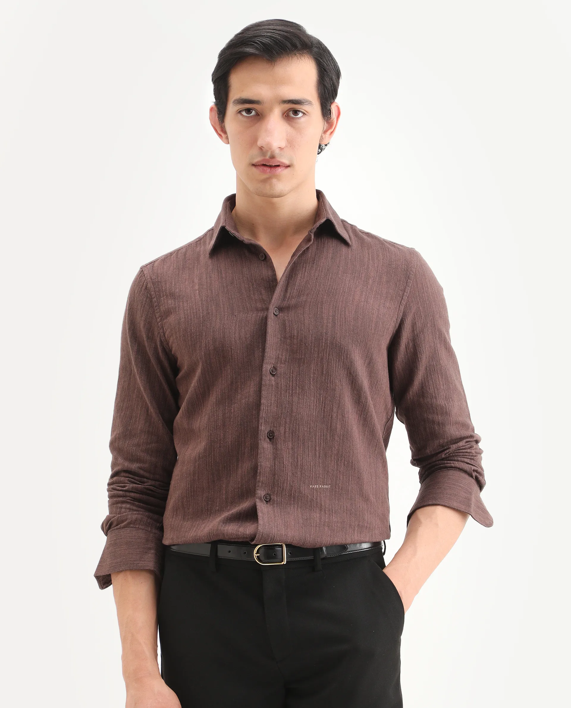 Rare Rabbit Men's Mysa Brown Cotton Fabric Spread Collar Regular Fit Textured Shirt - Image 4