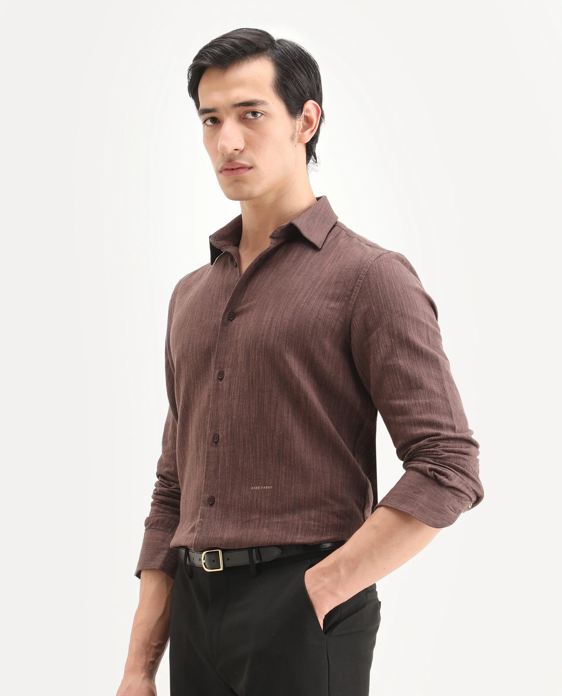 Rare Rabbit Men's Mysa Brown Cotton Fabric Spread Collar Regular Fit Textured Shirt - Image 5