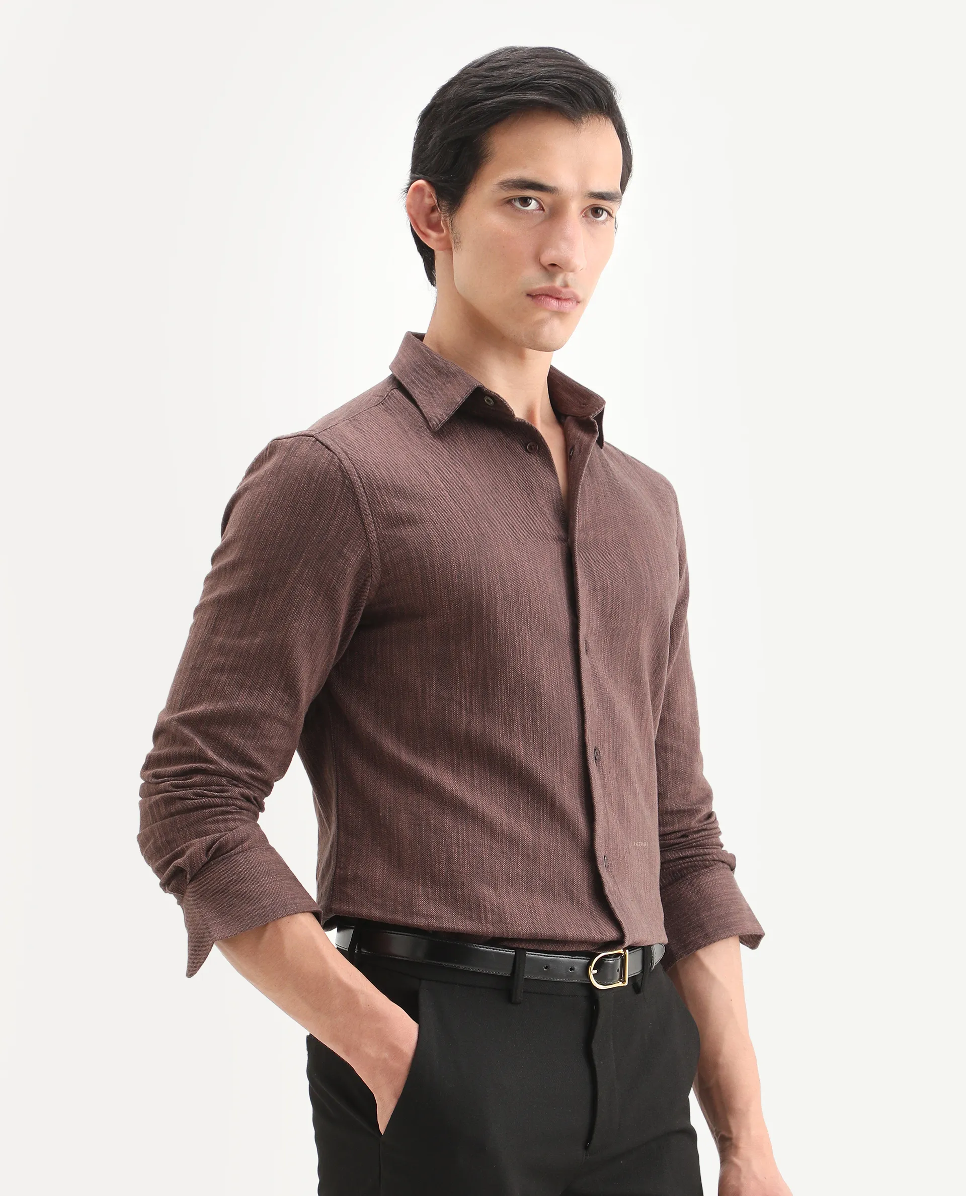 Rare Rabbit Men's Mysa Brown Cotton Fabric Spread Collar Regular Fit Textured Shirt - Image 6
