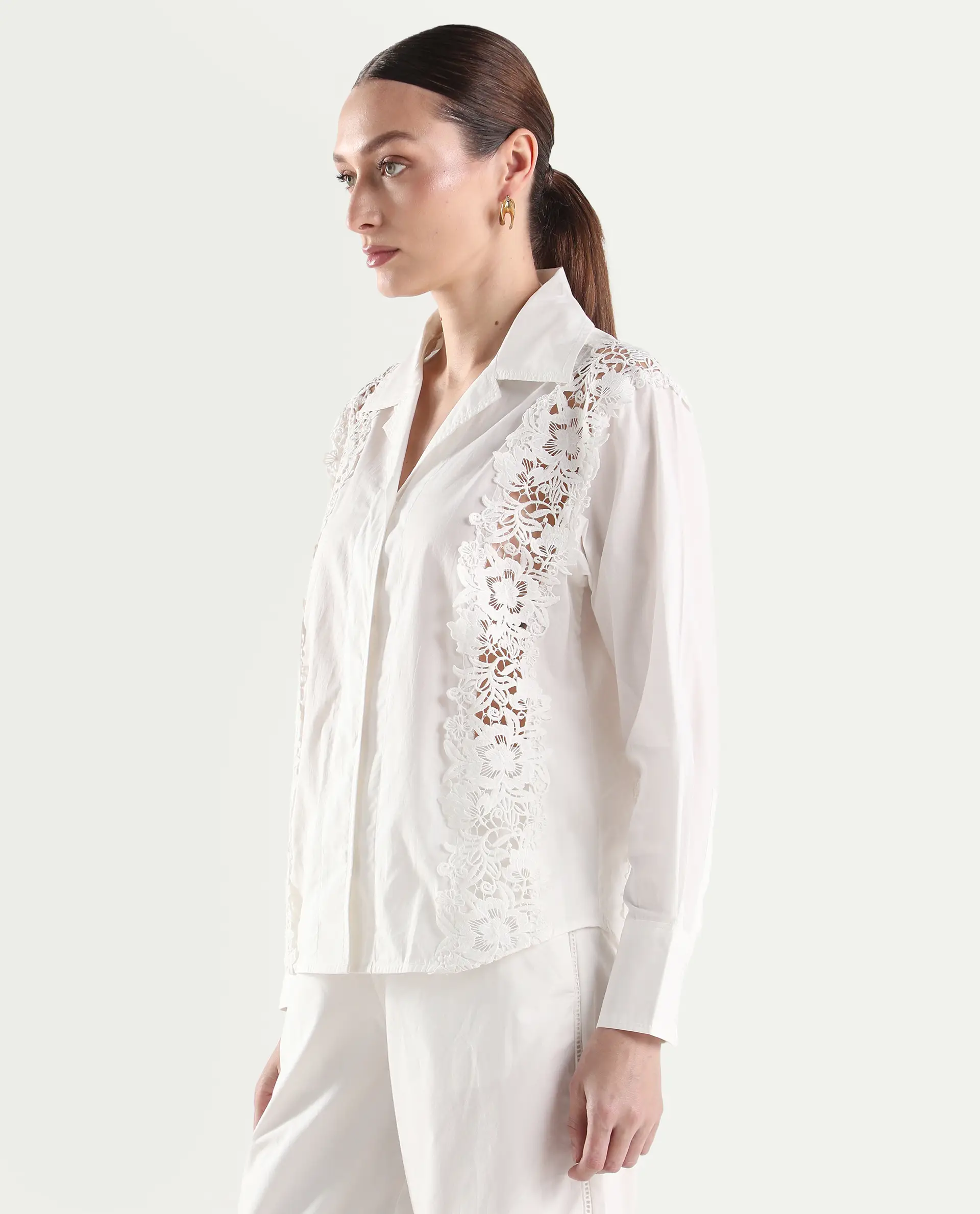 Rareism Women's Mysa-T Off White Cotton Full Sleeve Lapel Neck Relaxed Plain Shirt - Image 5