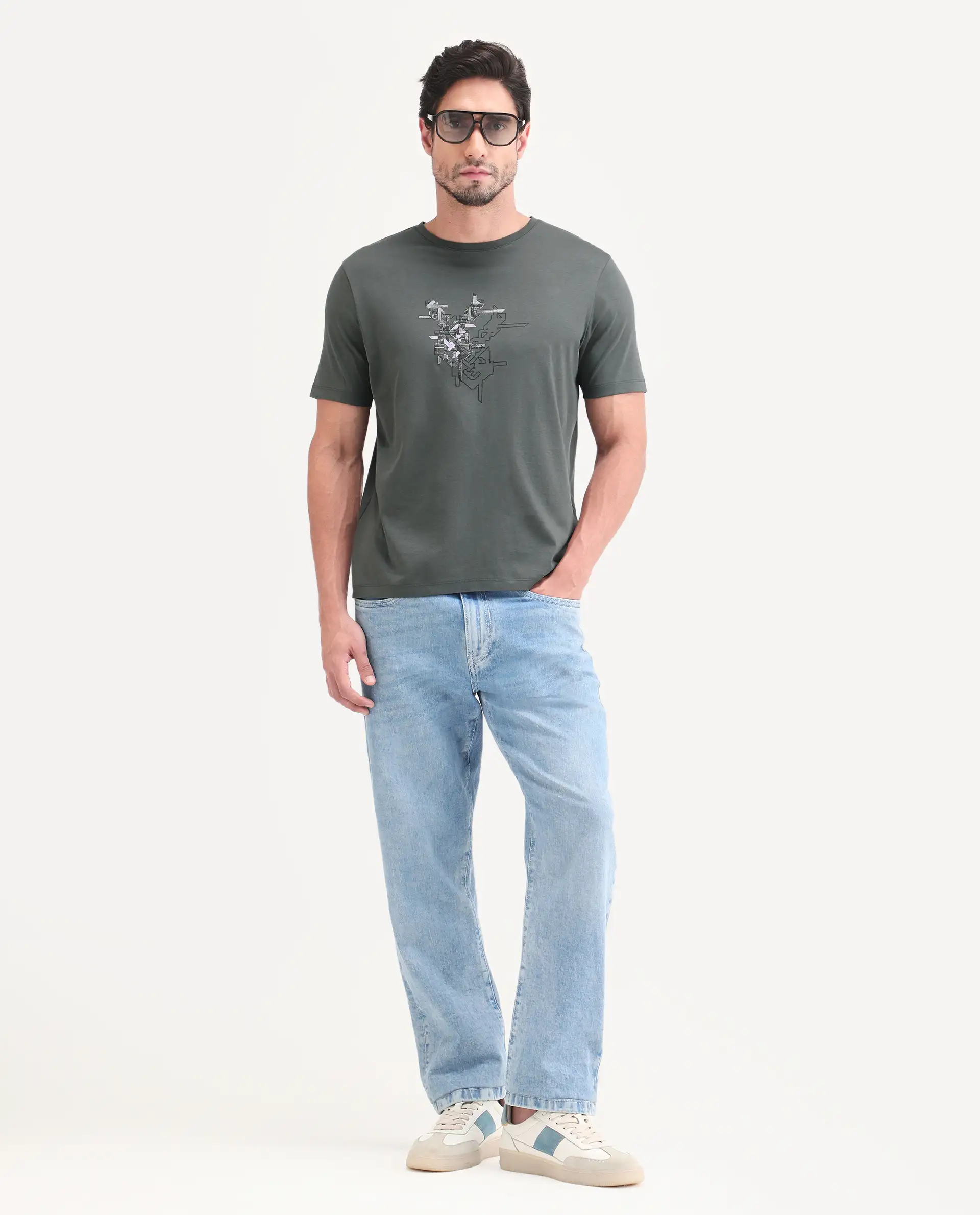 Rare Rabbit Men's Nabo Grey Cotton Fabric Half Sleeve Crew Neck Regular Fit Graphic Print T-Shirt - Image 2