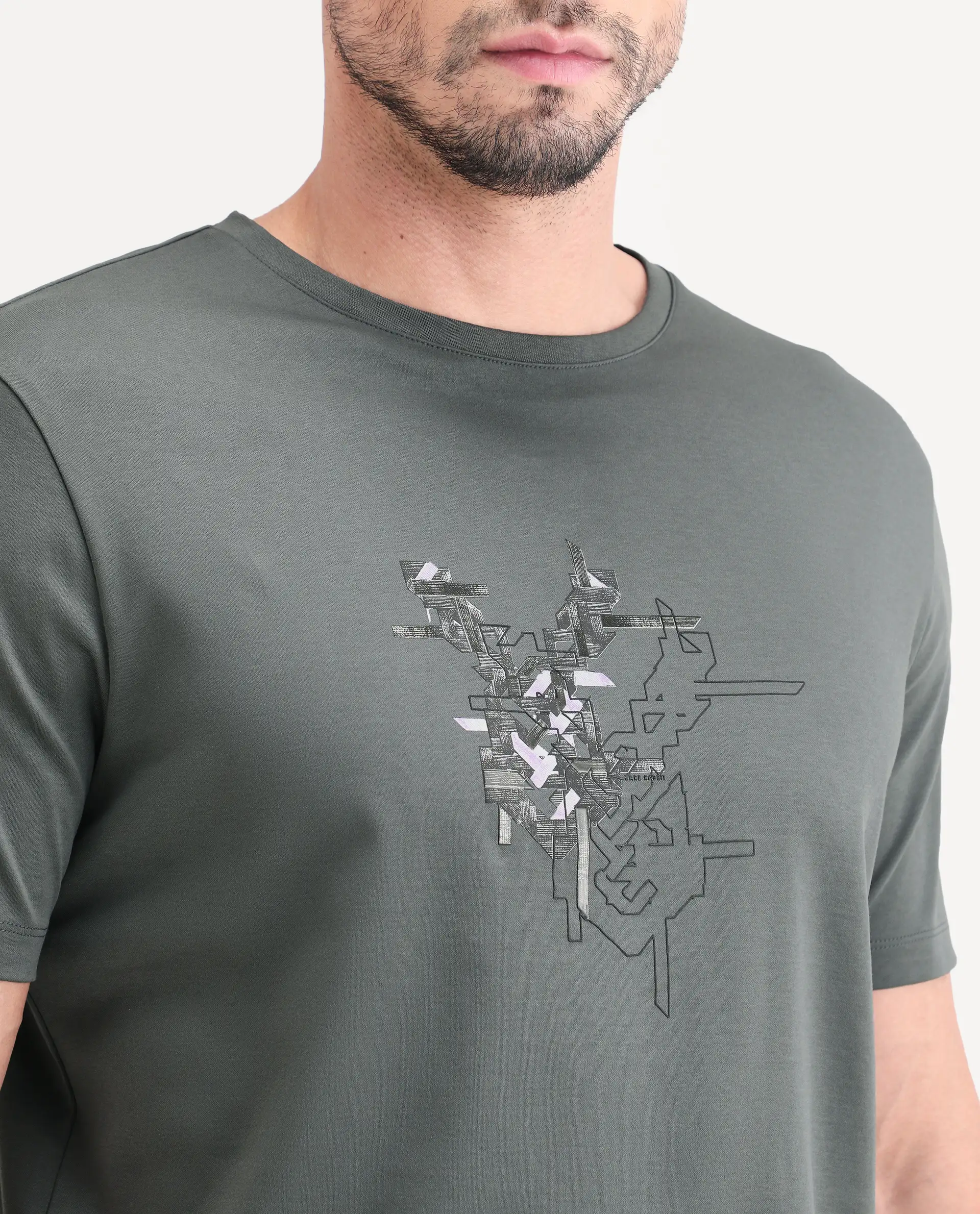 Rare Rabbit Men's Nabo Grey Cotton Fabric Half Sleeve Crew Neck Regular Fit Graphic Print T-Shirt - Image 3