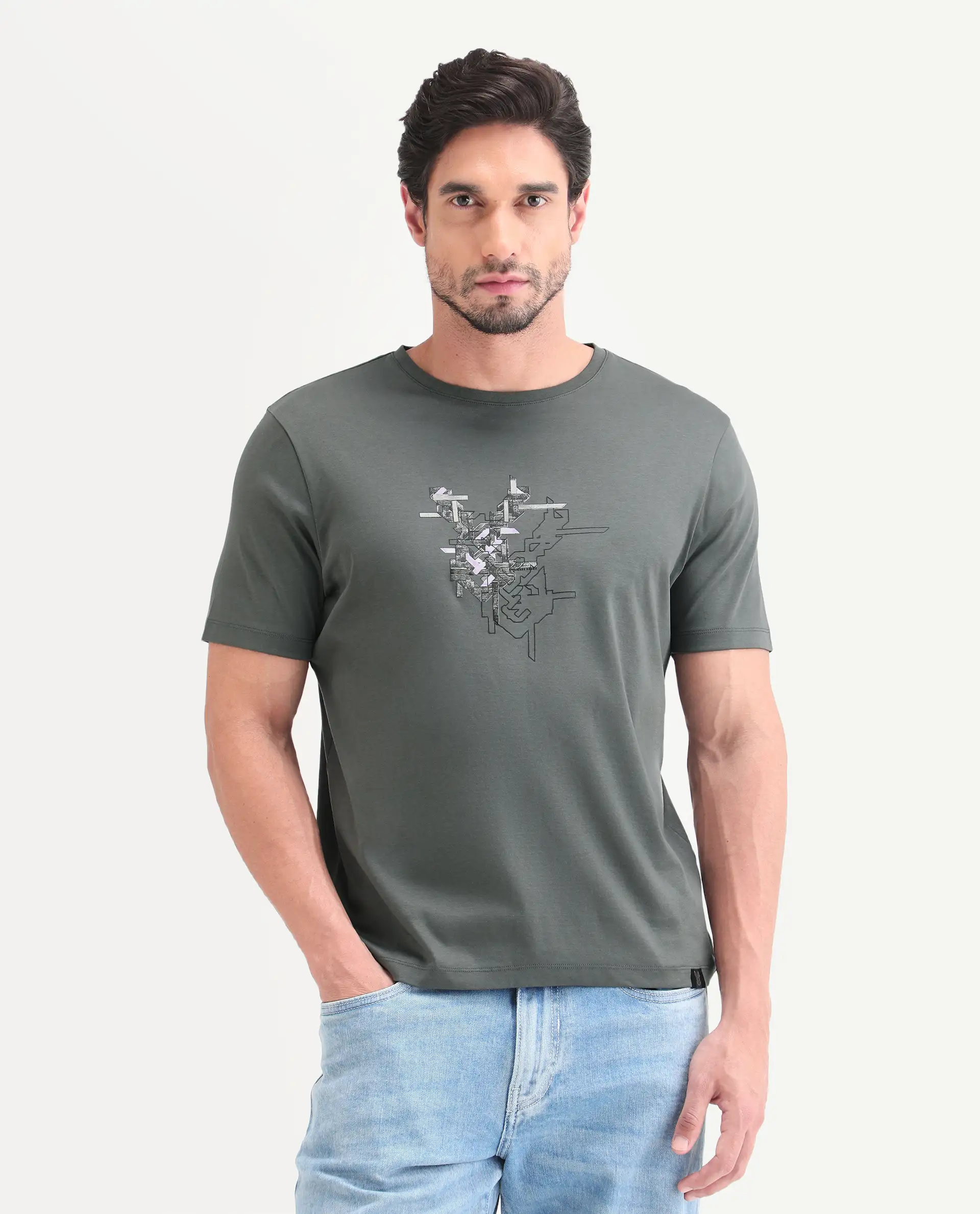 Rare Rabbit Men's Nabo Grey Cotton Fabric Half Sleeve Crew Neck Regular Fit Graphic Print T-Shirt - Image 4