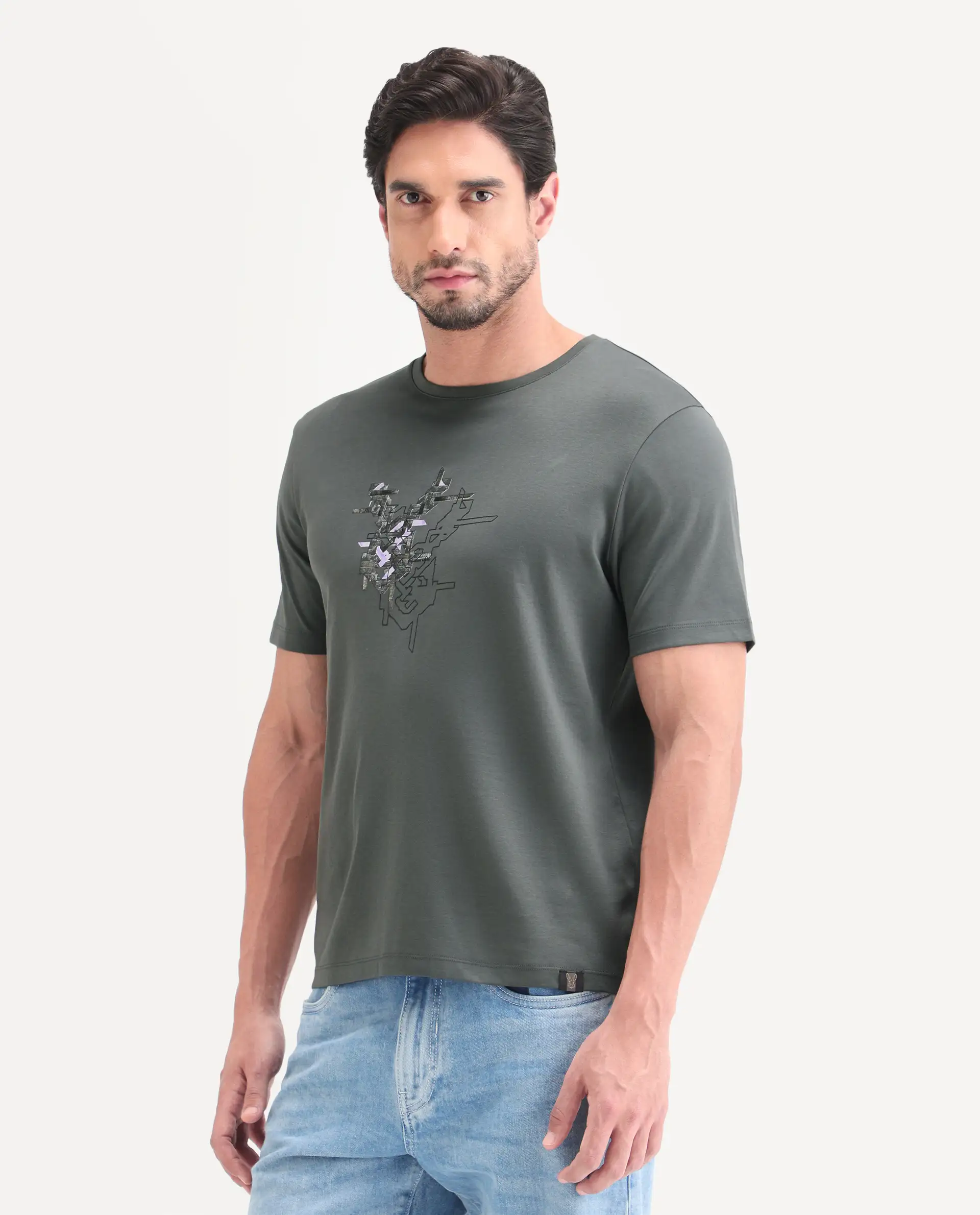 Rare Rabbit Men's Nabo Grey Cotton Fabric Half Sleeve Crew Neck Regular Fit Graphic Print T-Shirt - Image 5