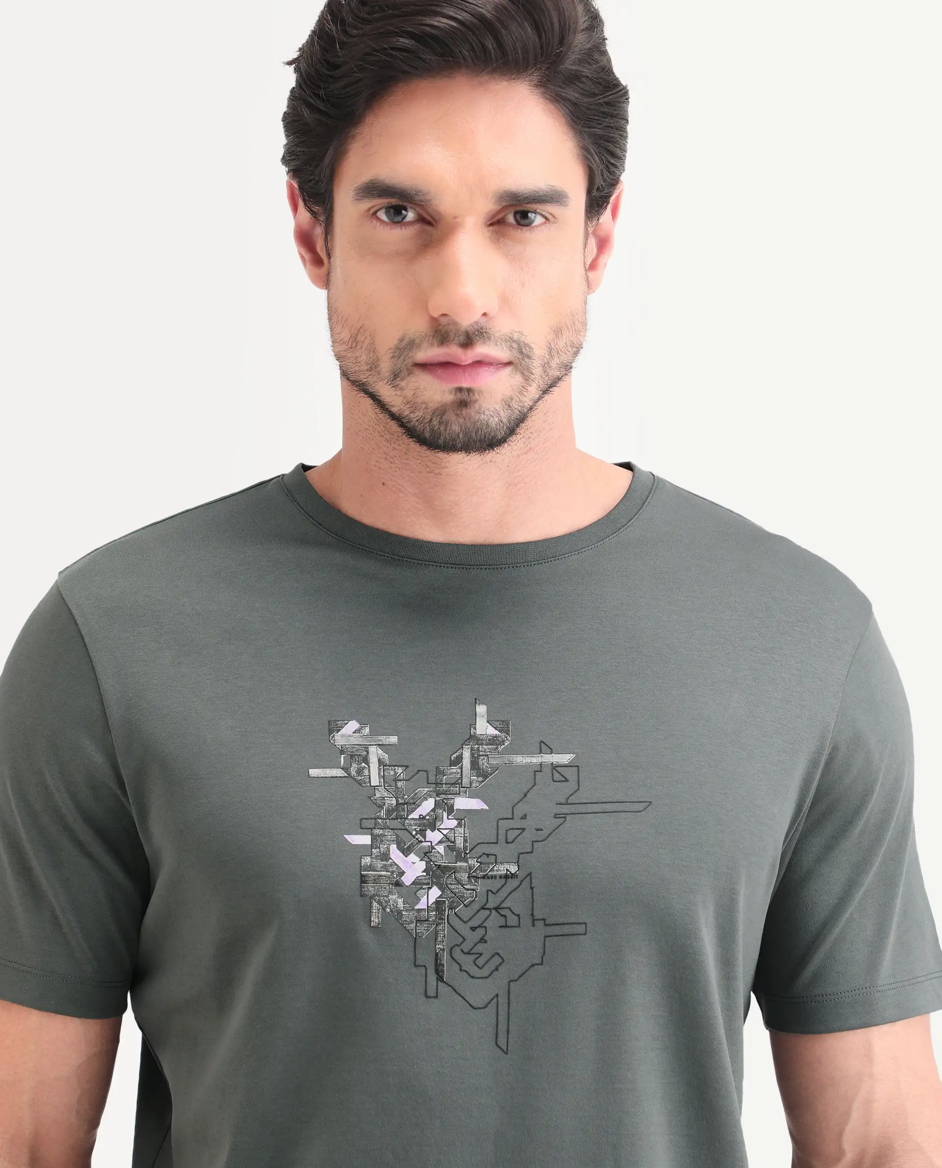 Rare Rabbit Men's Nabo Grey Cotton Fabric Half Sleeve Crew Neck Regular Fit Graphic Print T-Shirt - Image 6