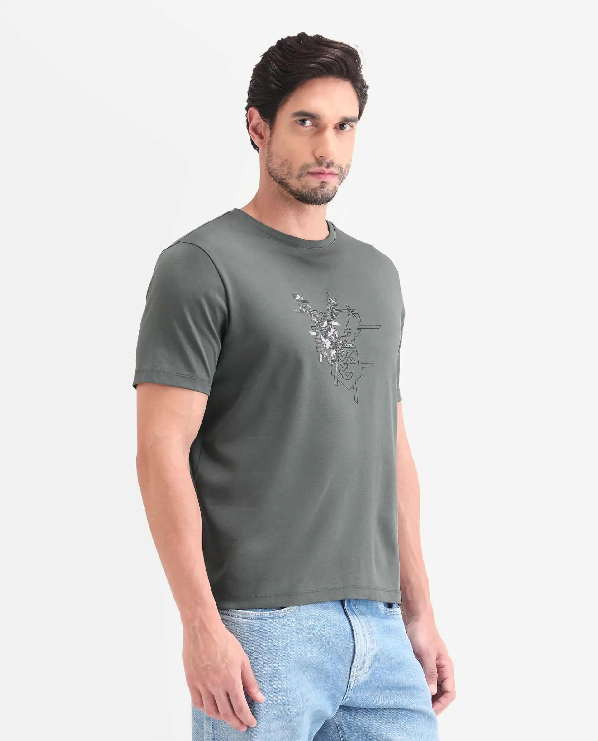 Rare Rabbit Men's Nabo Grey Cotton Fabric Half Sleeve Crew Neck Regular Fit Graphic Print T-Shirt - Image 7