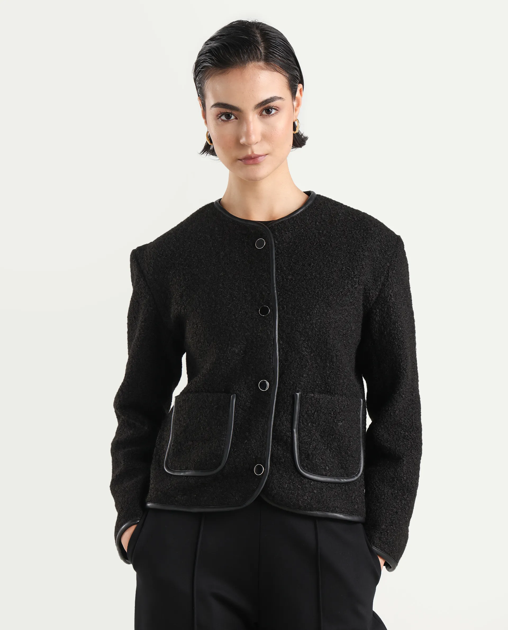Rareism Women's Nabuc Black Polyester Jacket Plain Jacket - Image 3