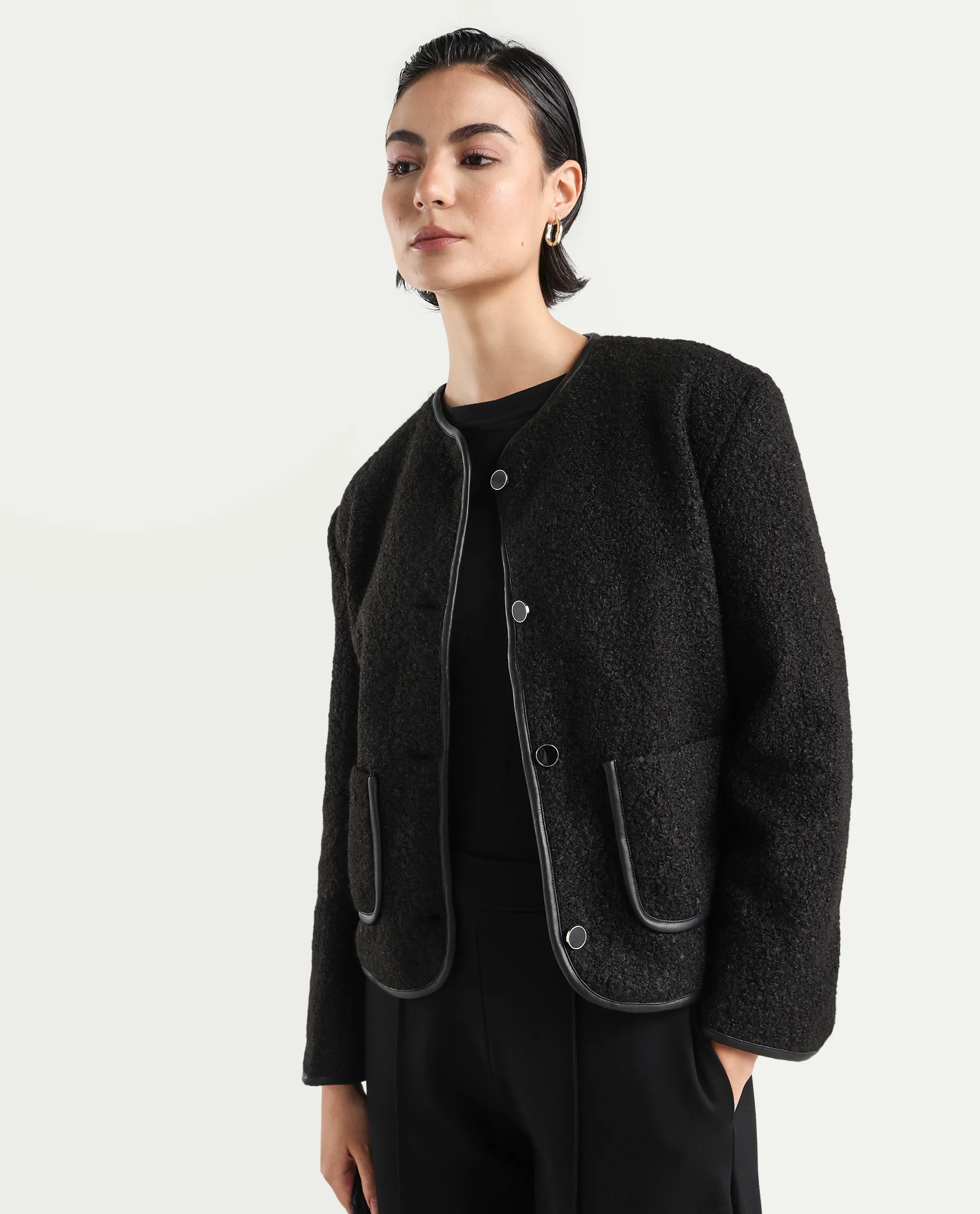 Rareism Women's Nabuc Black Polyester Jacket Plain Jacket - Image 4
