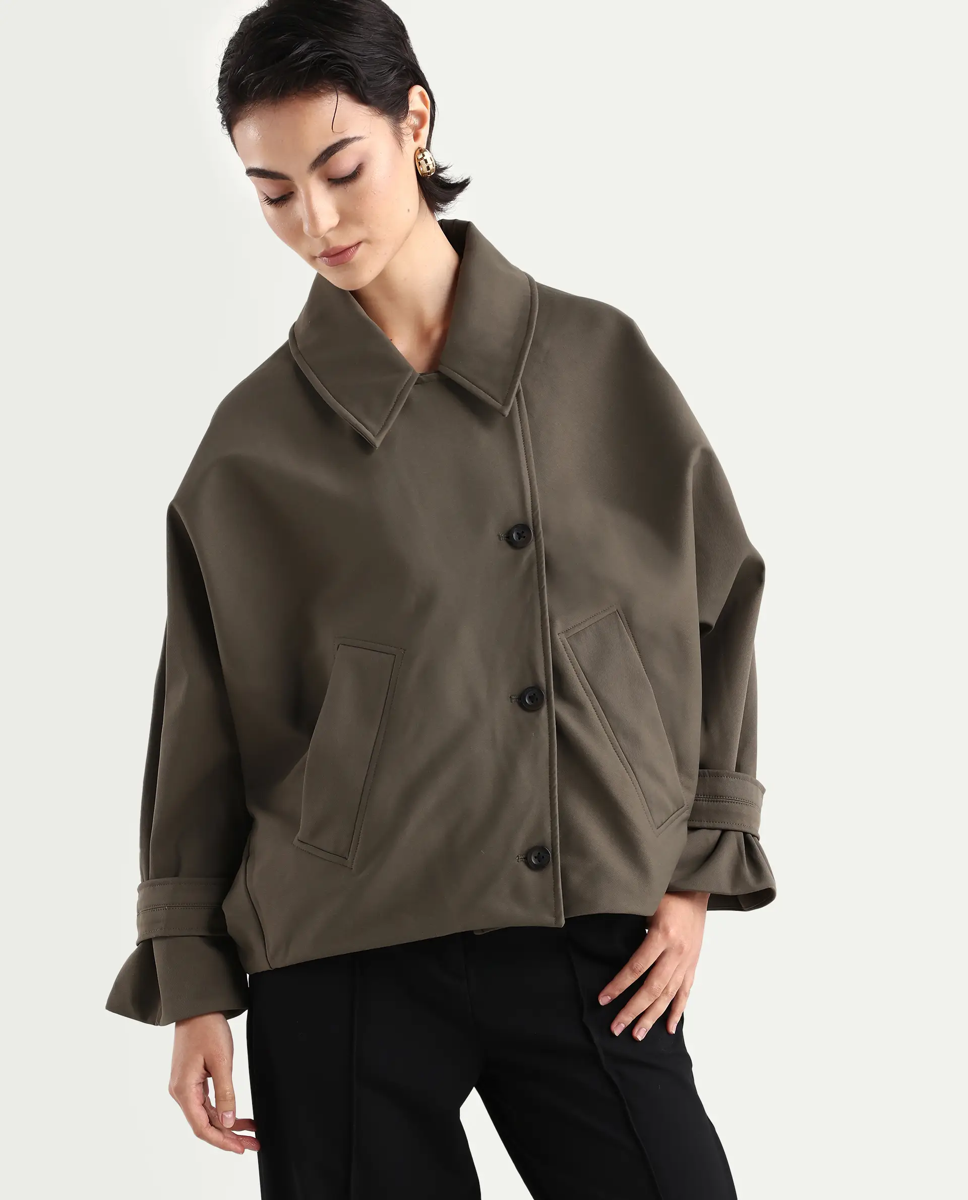 Rareism Women's Nacai Olive Polyester Spread Collar Relaxed Fit Jacket - Image 2