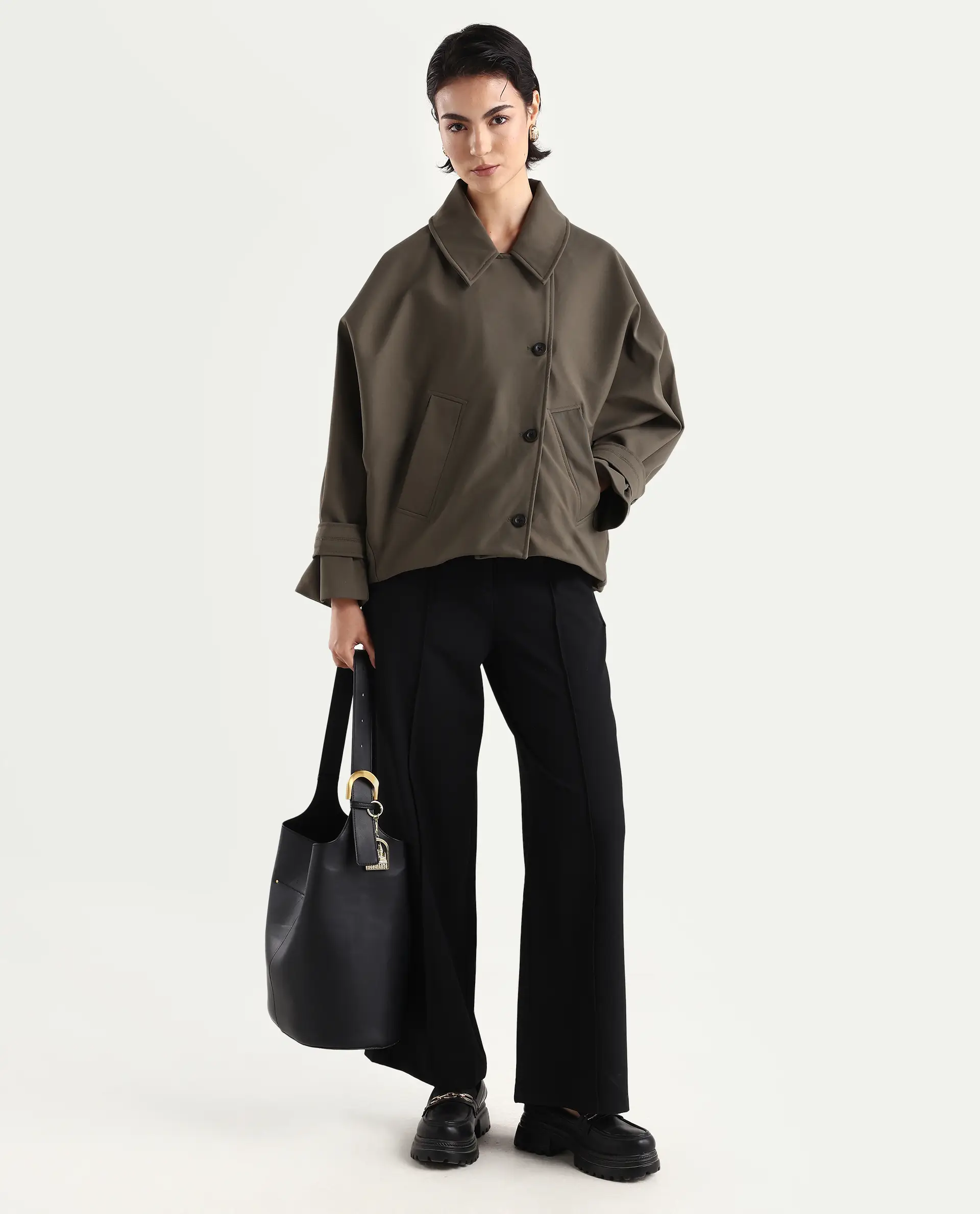 Rareism Women's Nacai Olive Polyester Spread Collar Relaxed Fit Jacket - Image 3