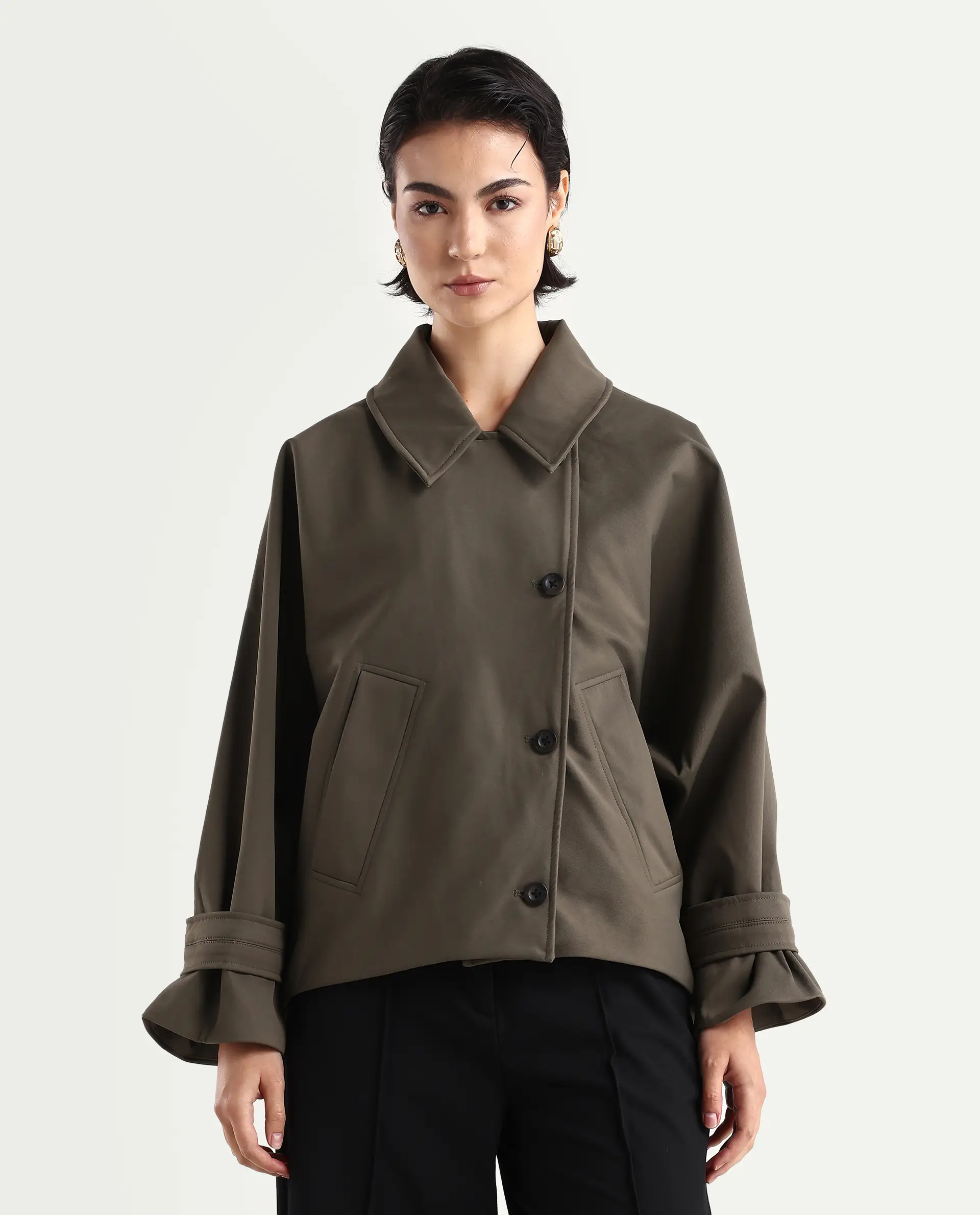 Rareism Women's Nacai Olive Polyester Spread Collar Relaxed Fit Jacket - Image 4