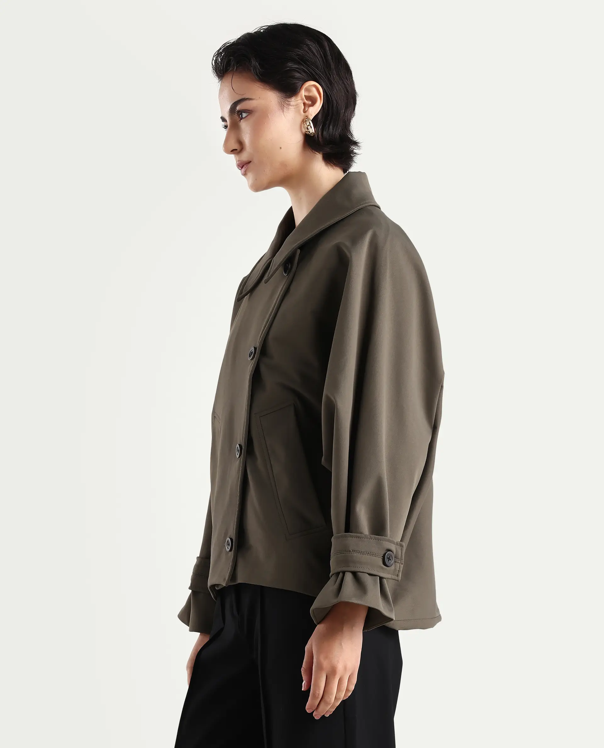 Rareism Women's Nacai Olive Polyester Spread Collar Relaxed Fit Jacket - Image 5
