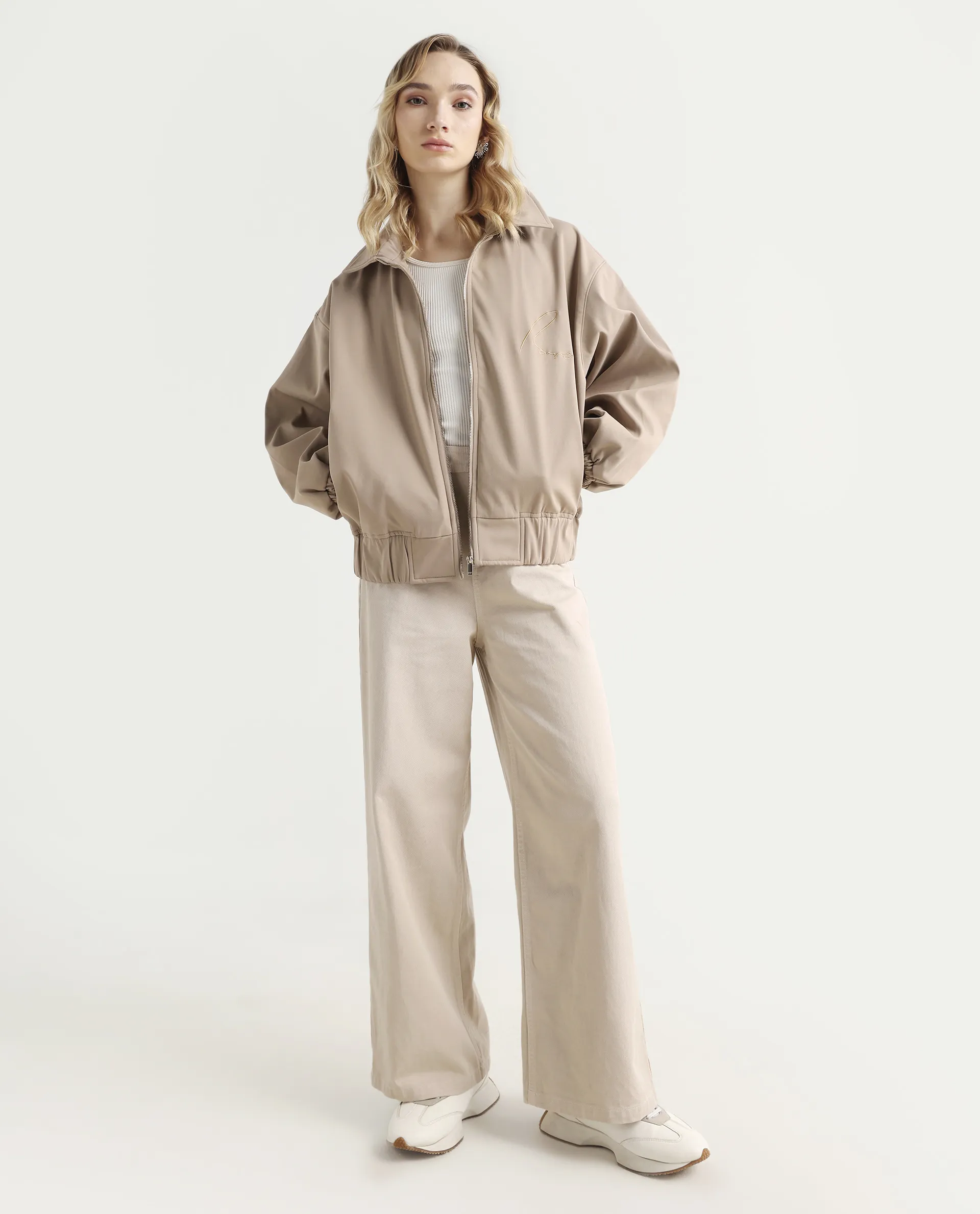 Rareism Women's Nacam Beige Polyester Collared Neck Relaxed Plain Jacket - Image 2