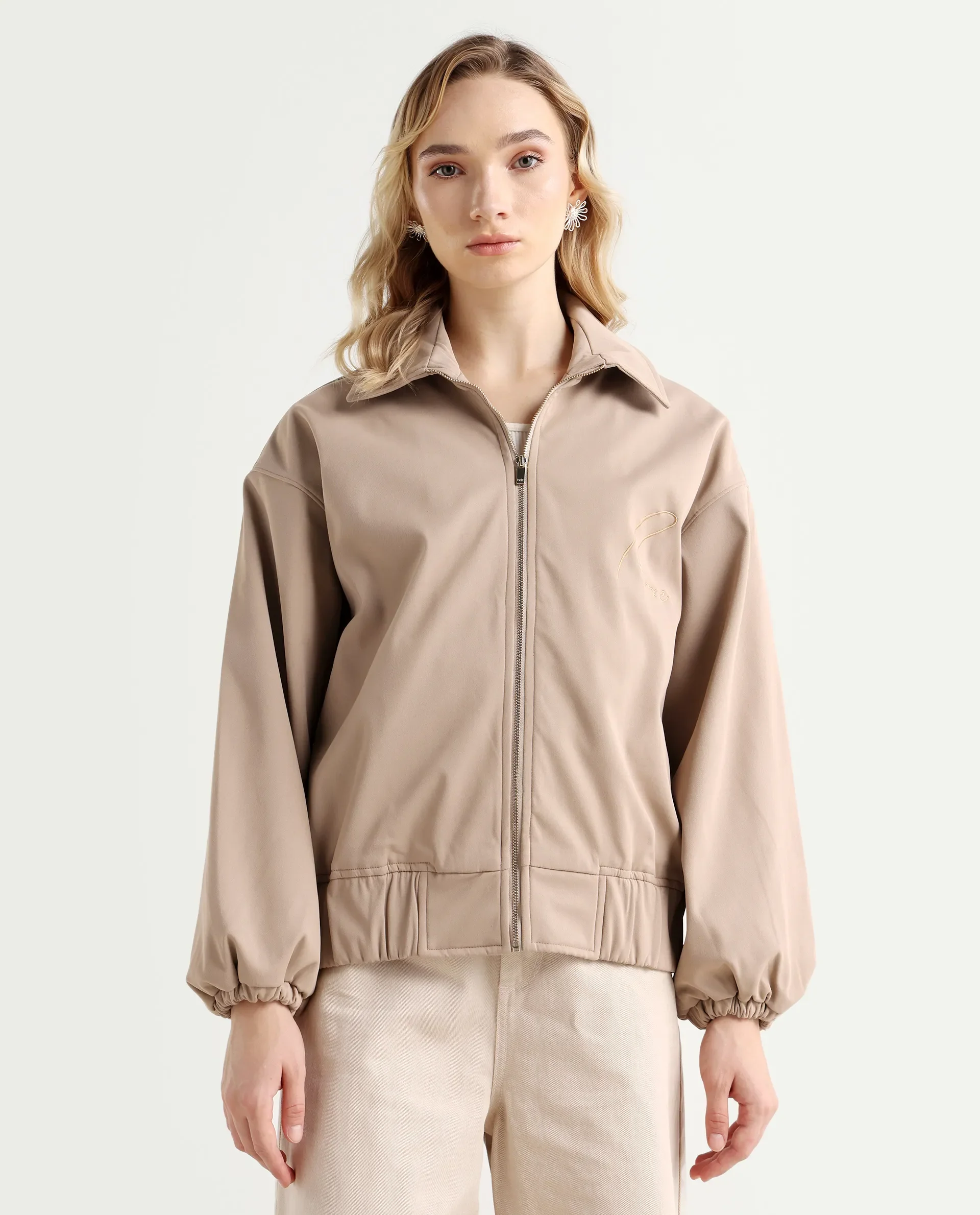 Rareism Women's Nacam Beige Polyester Collared Neck Relaxed Plain Jacket - Image 3