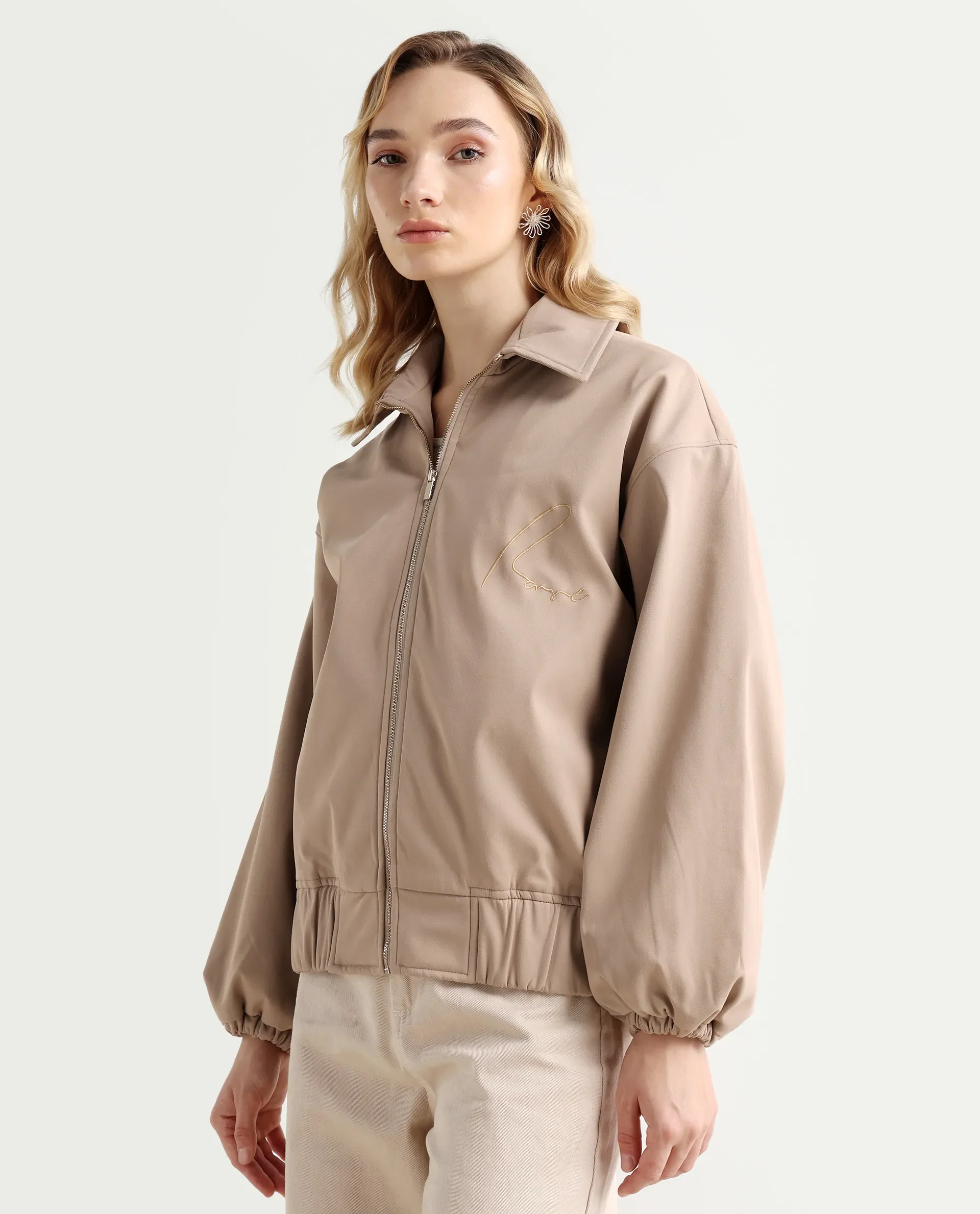 Rareism Women's Nacam Beige Polyester Collared Neck Relaxed Plain Jacket - Image 6