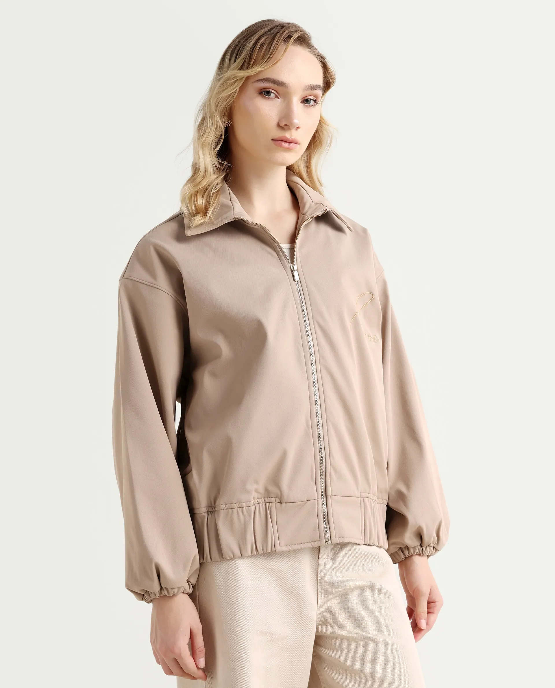 Rareism Women's Nacam Beige Polyester Collared Neck Relaxed Plain Jacket - Image 7