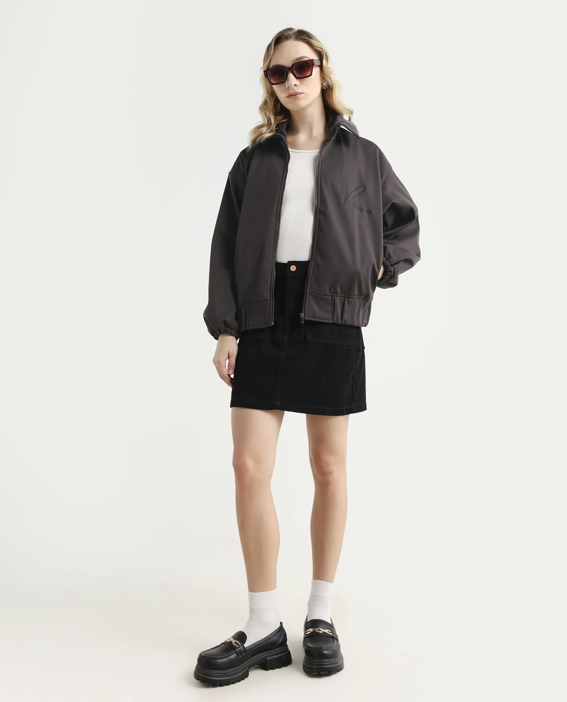 Rareism Women's Nacam Dark Grey Polyester Collared Neck Relaxed Plain Jacket - Image 2