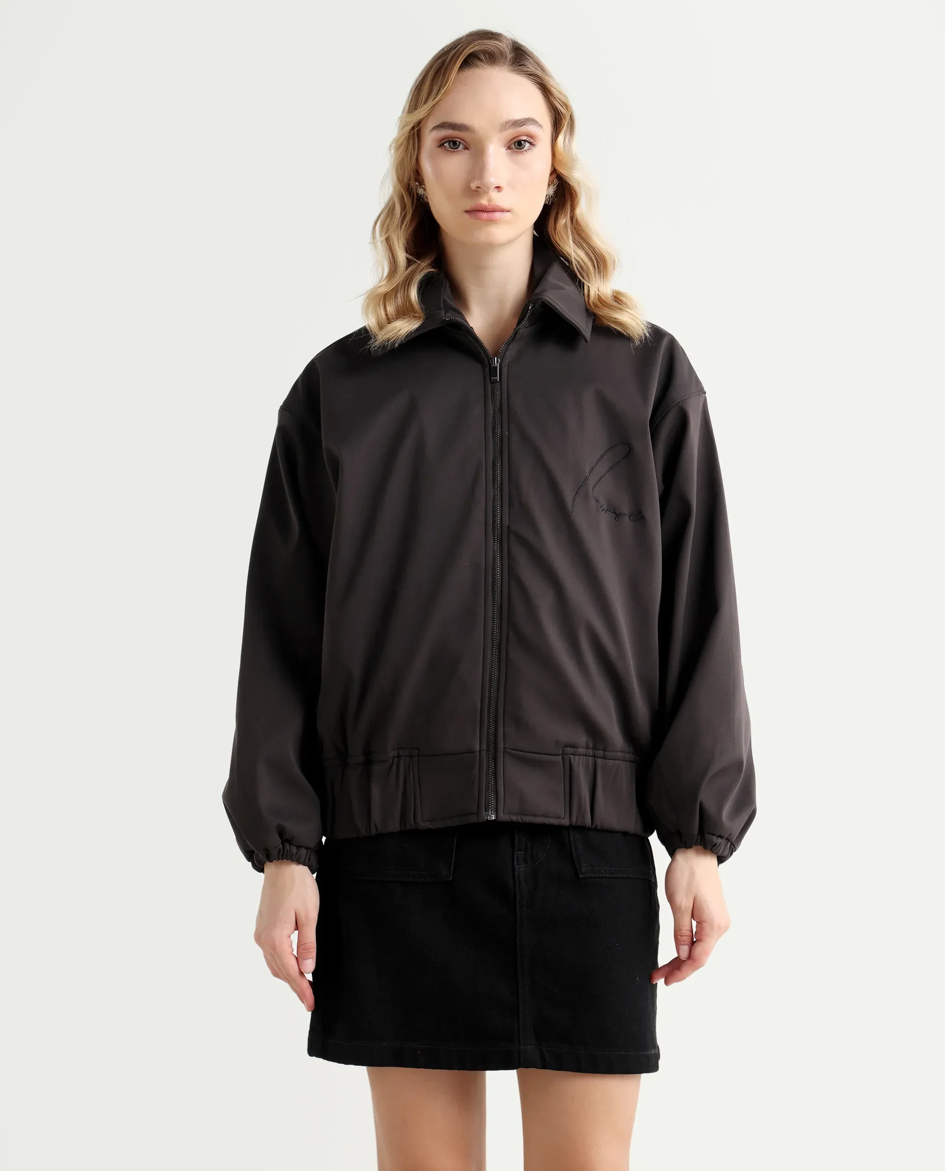 Rareism Women's Nacam Dark Grey Polyester Collared Neck Relaxed Plain Jacket - Image 3