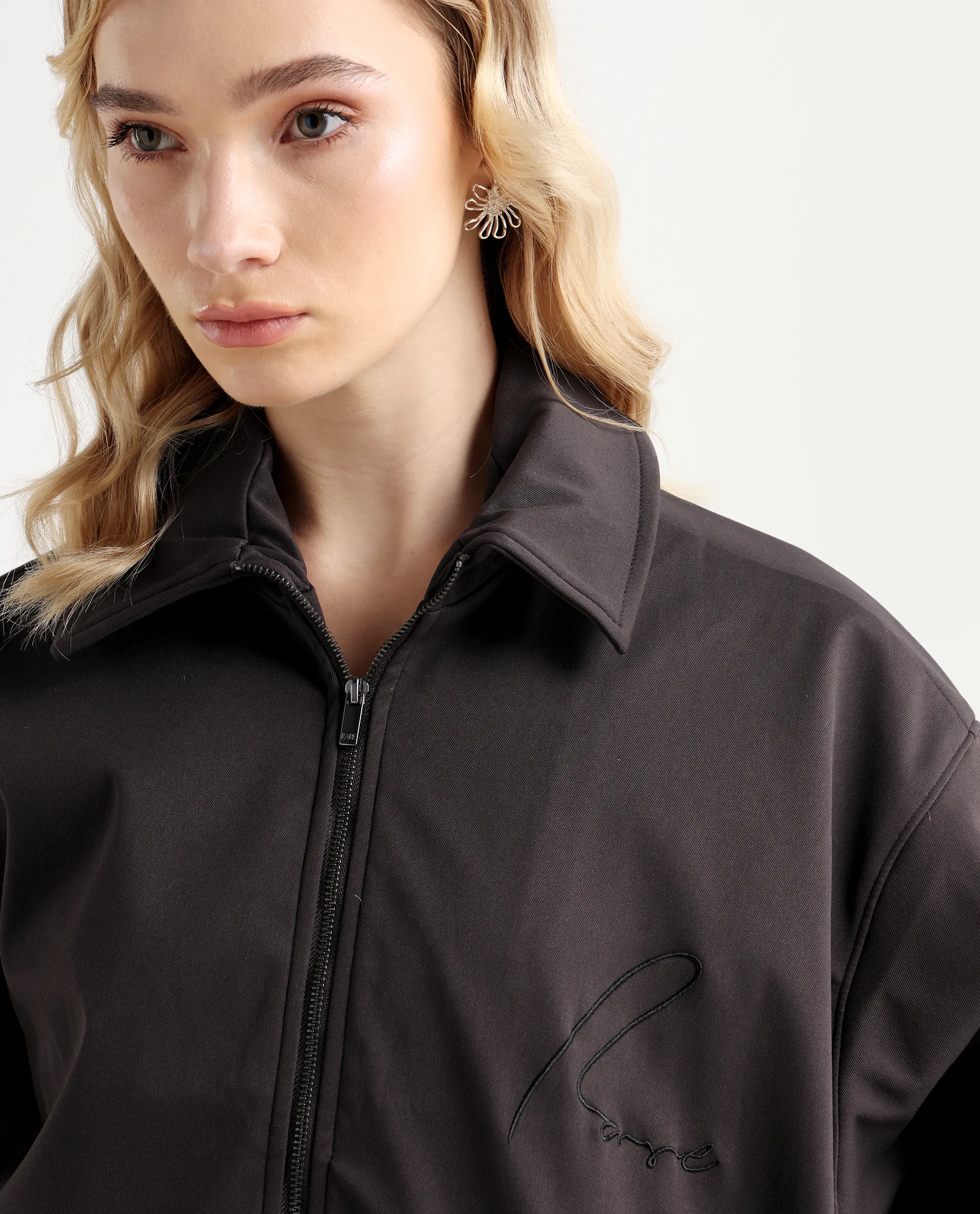 Rareism Women's Nacam Dark Grey Polyester Collared Neck Relaxed Plain Jacket - Image 4