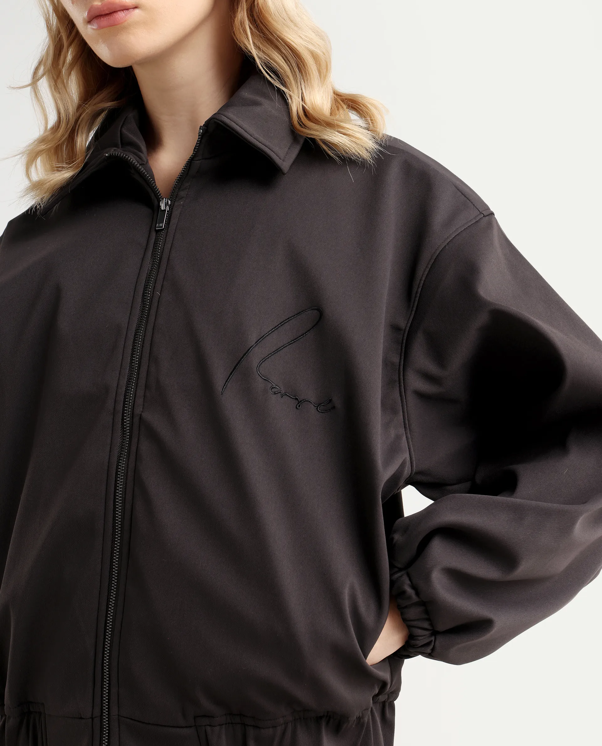 Rareism Women's Nacam Dark Grey Polyester Collared Neck Relaxed Plain Jacket - Image 5