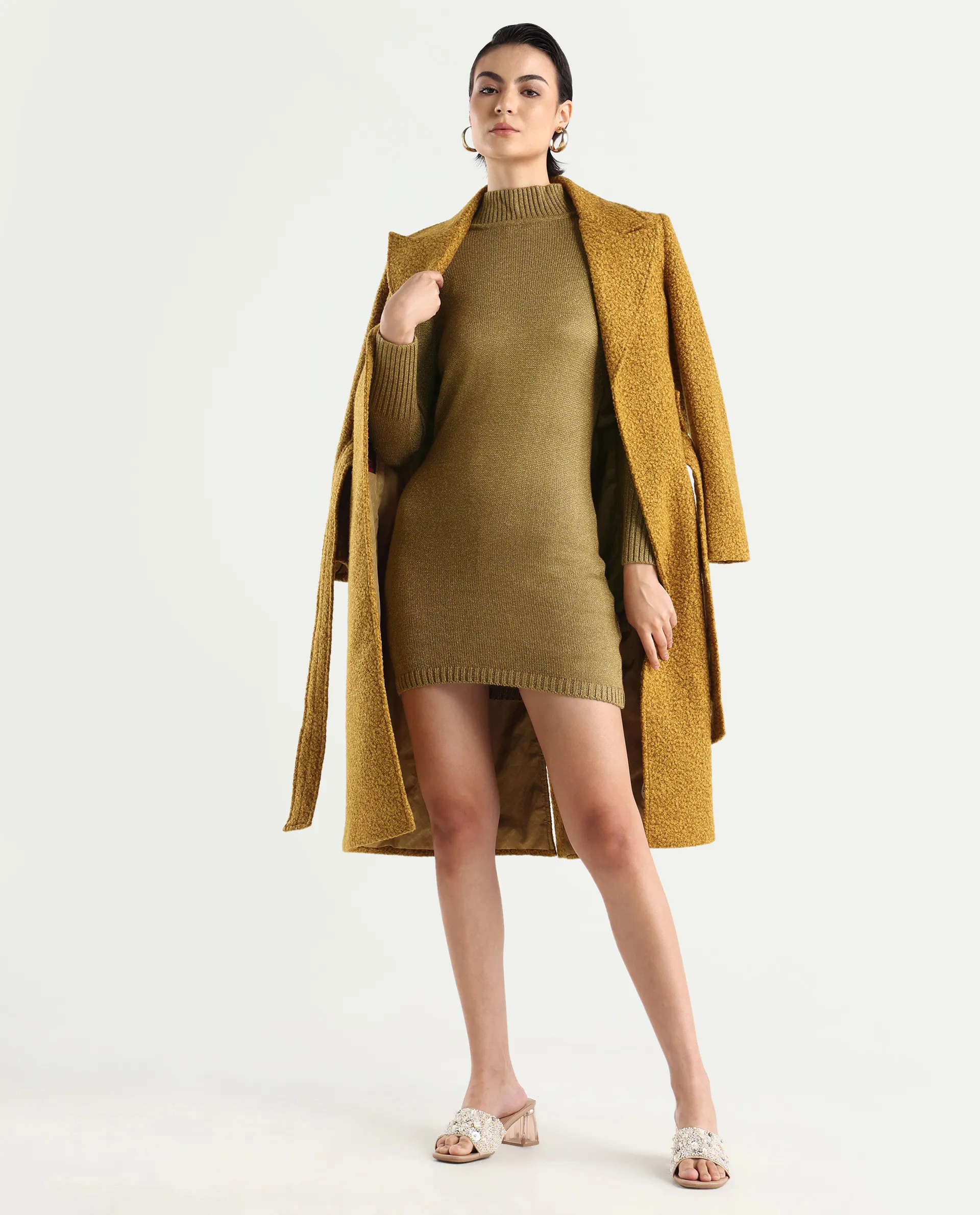 Rareism Women's Nach Gold Acrylic High Neck Plain Knee Length Regular Fit Sweater - Image 2