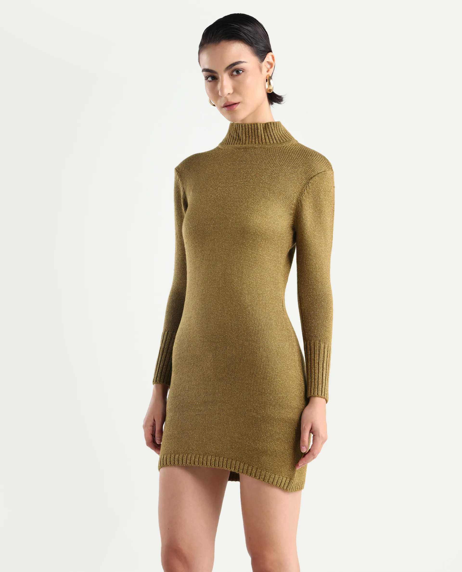Rareism Women's Nach Gold Acrylic High Neck Plain Knee Length Regular Fit Sweater - Image 4