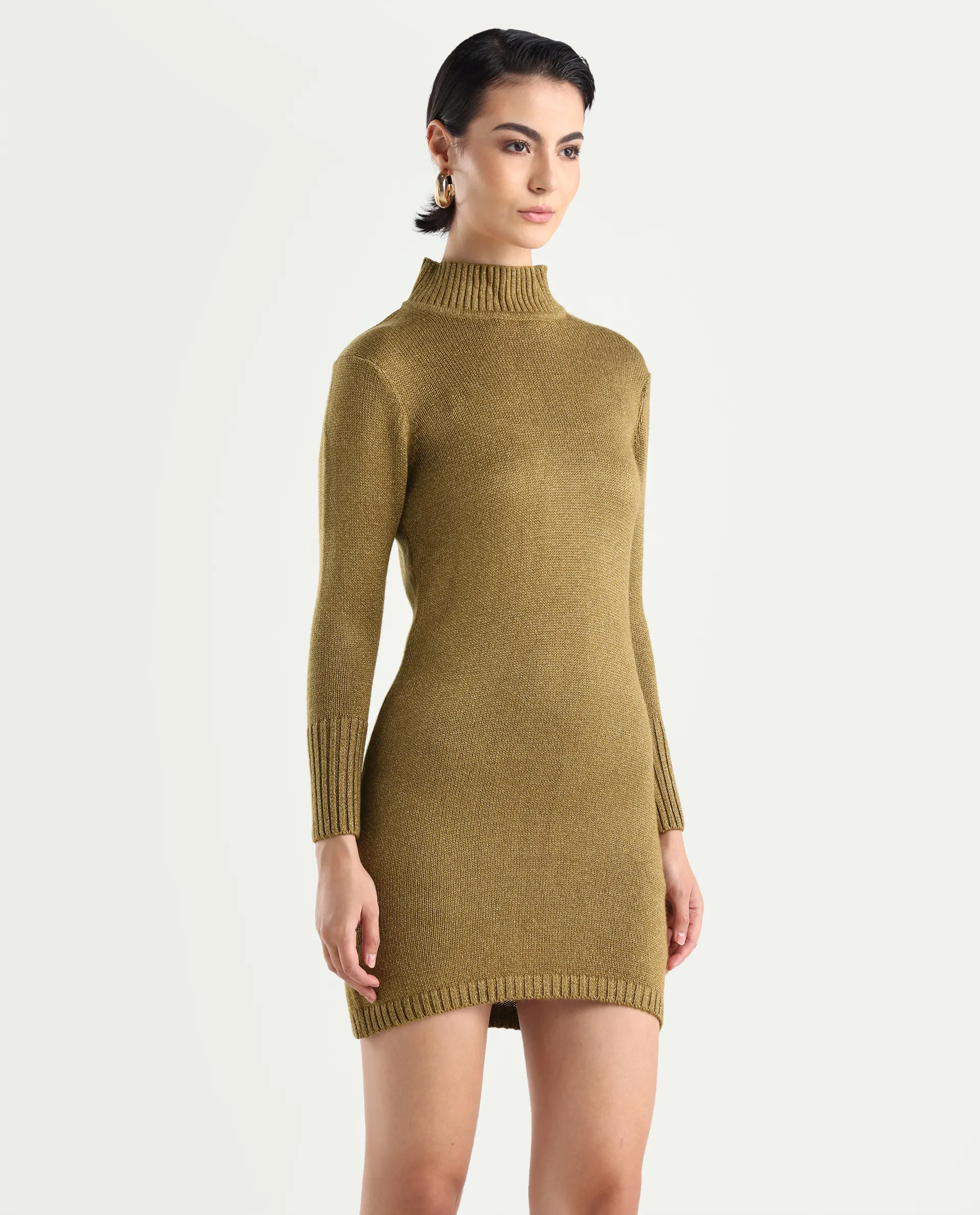 Rareism Women's Nach Gold Acrylic High Neck Plain Knee Length Regular Fit Sweater - Image 5