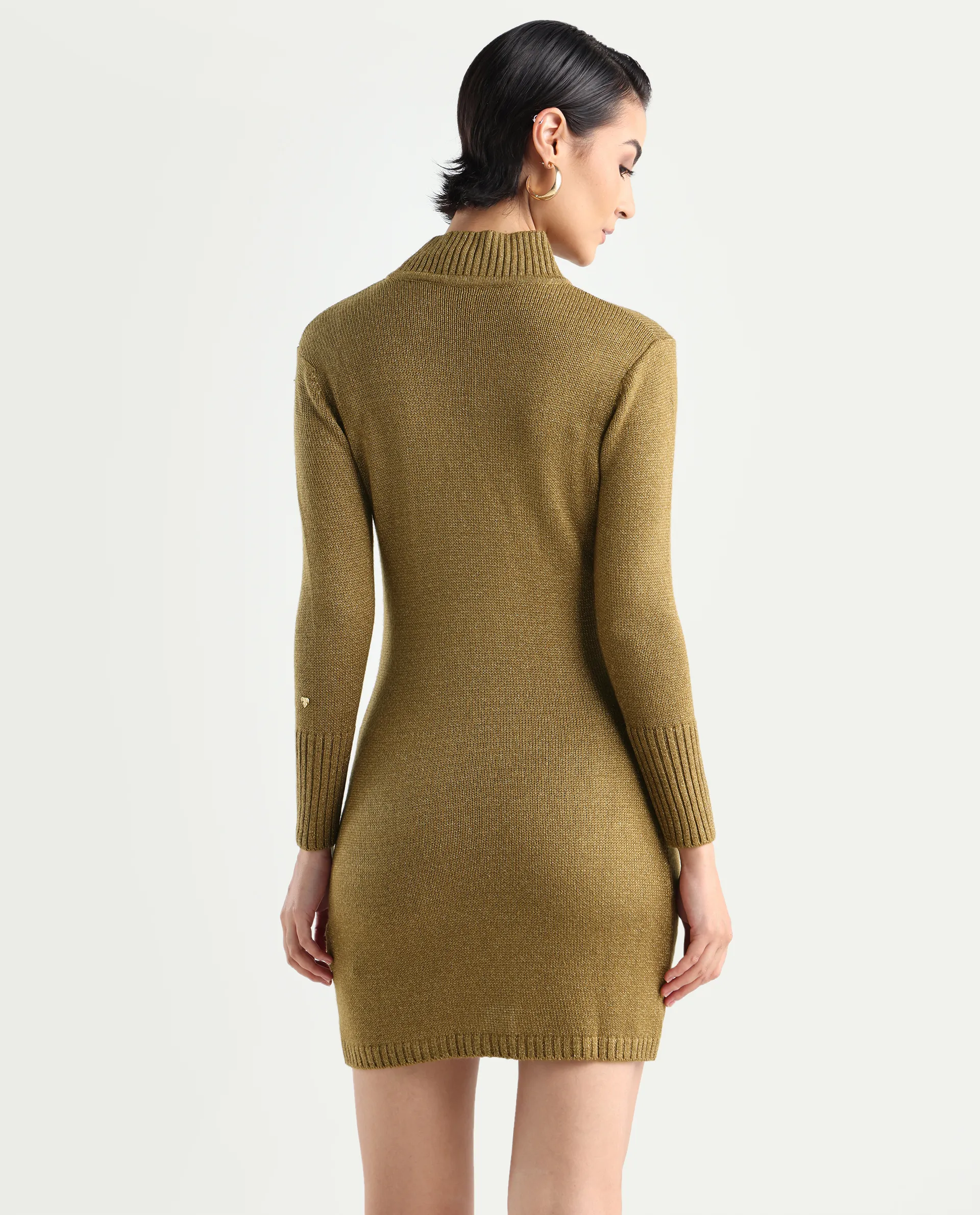 Rareism Women's Nach Gold Acrylic High Neck Plain Knee Length Regular Fit Sweater - Image 6