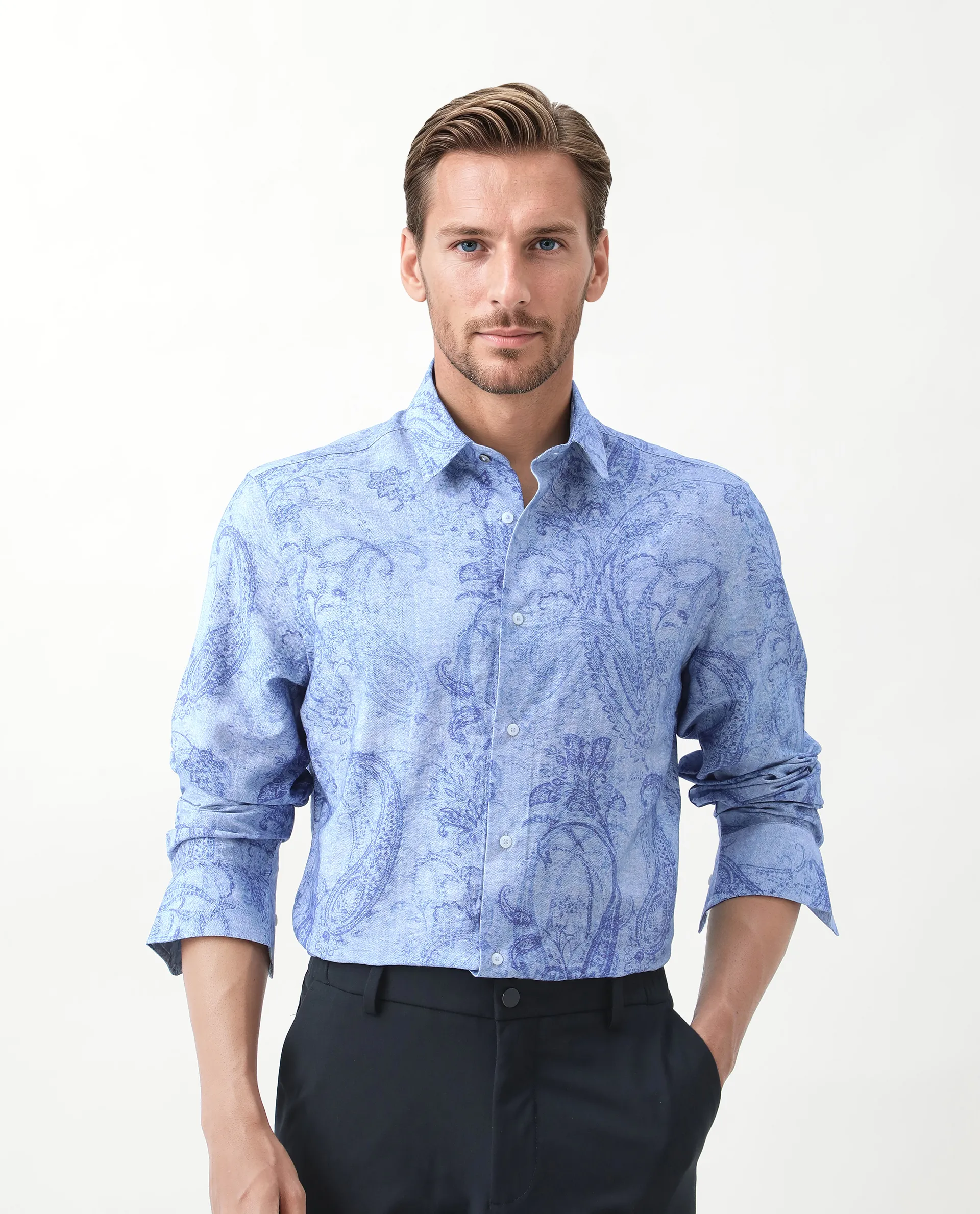 Rare Rabbit Men's Naci Light Blue Viscose Blend Paisley Print Regular Fit Full Sleeve Collared Shirt - Image 3