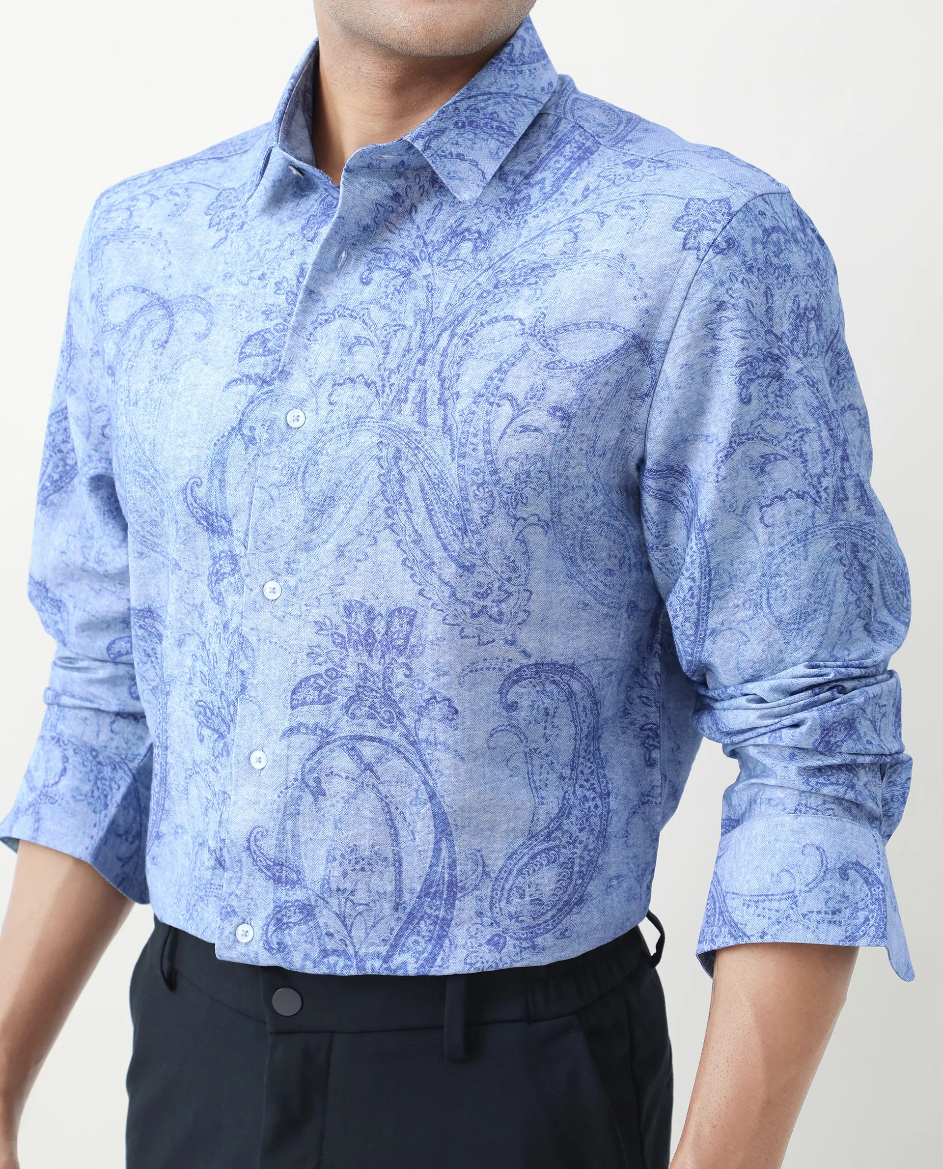 Rare Rabbit Men's Naci Light Blue Viscose Blend Paisley Print Regular Fit Full Sleeve Collared Shirt - Image 5