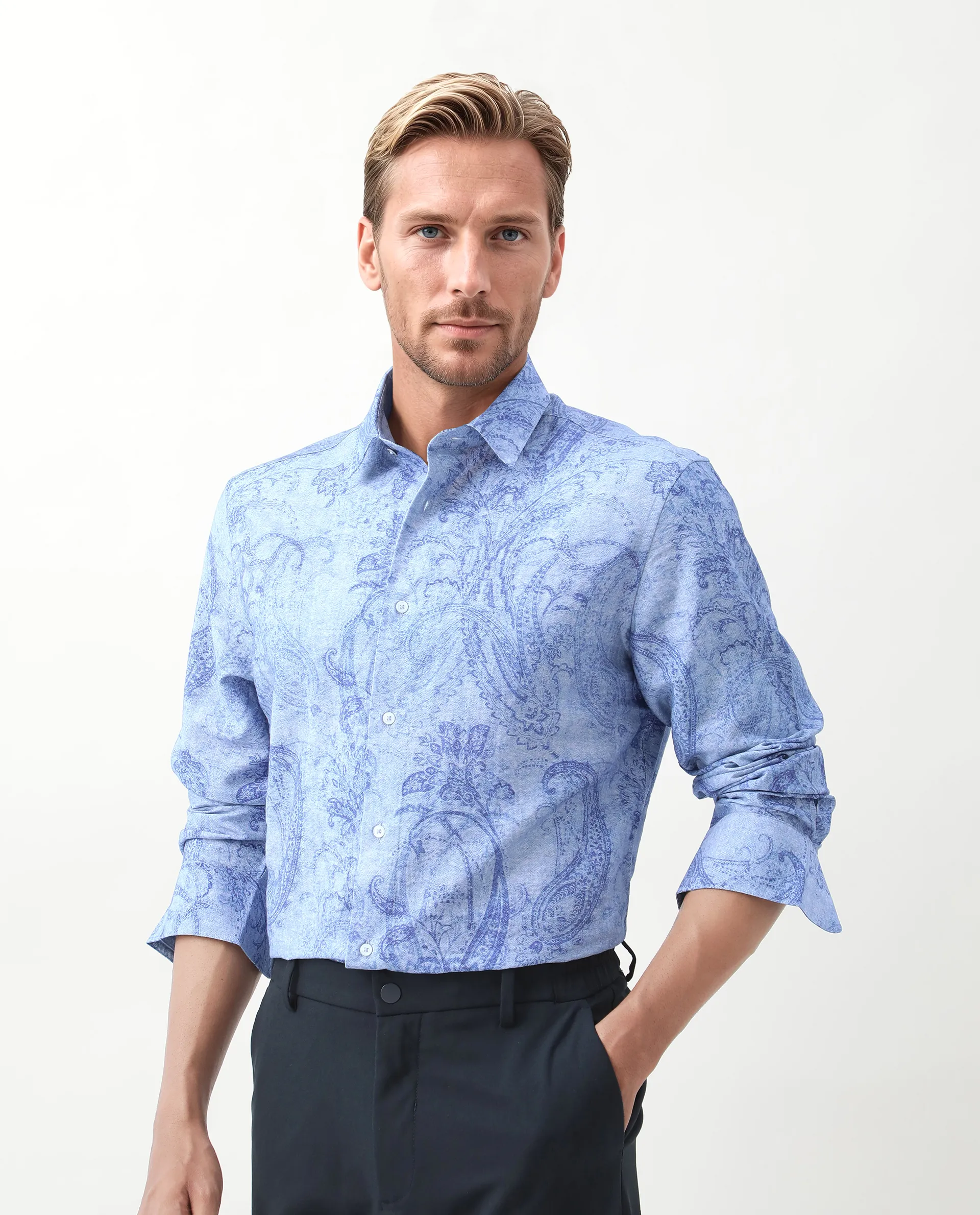 Rare Rabbit Men's Naci Light Blue Viscose Blend Paisley Print Regular Fit Full Sleeve Collared Shirt - Image 7