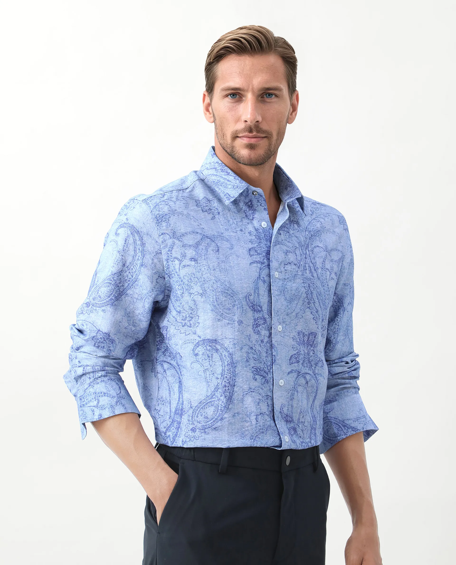 Rare Rabbit Men's Naci Light Blue Viscose Blend Paisley Print Regular Fit Full Sleeve Collared Shirt - Image 8