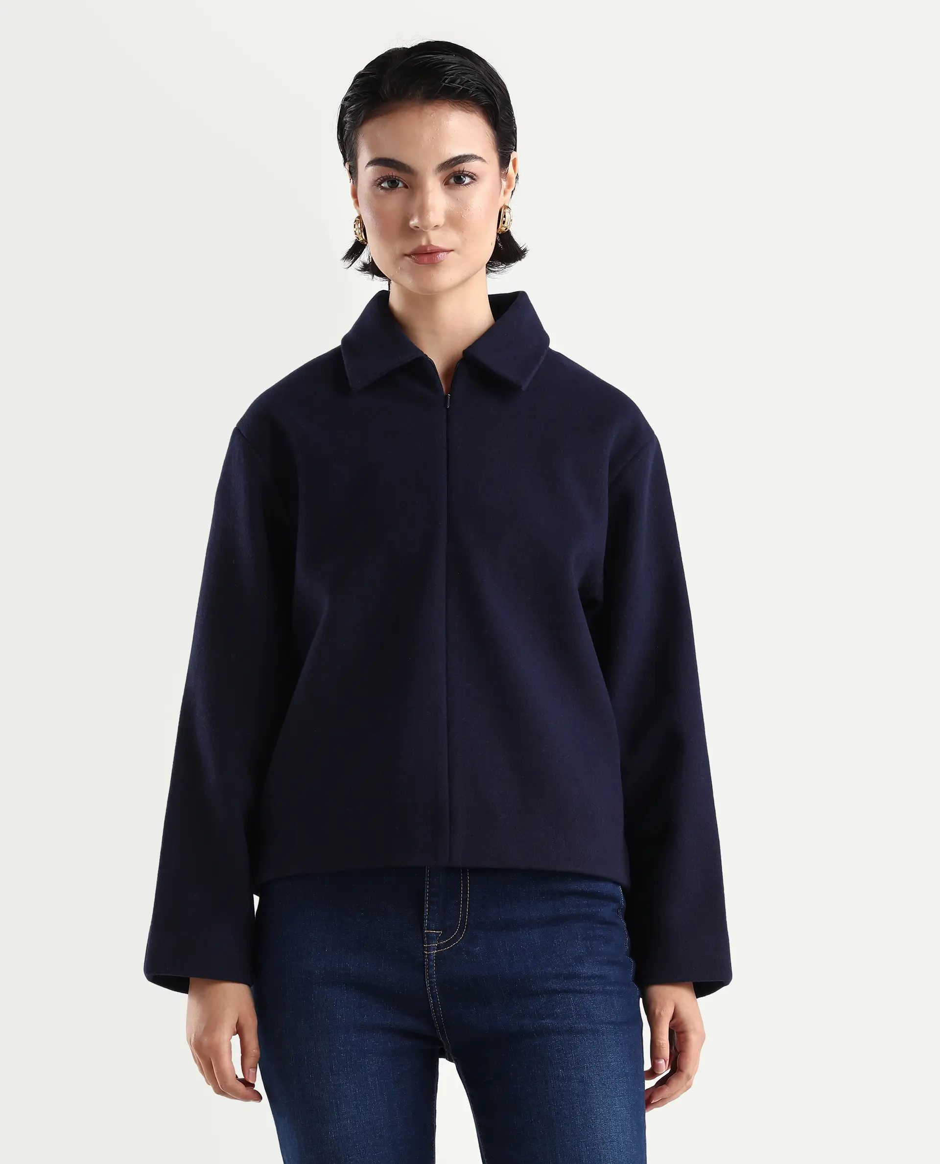 Rareism Women's Nacoz Navy Polyester Blend Spread Collar Regular Fit Jacket - Image 3