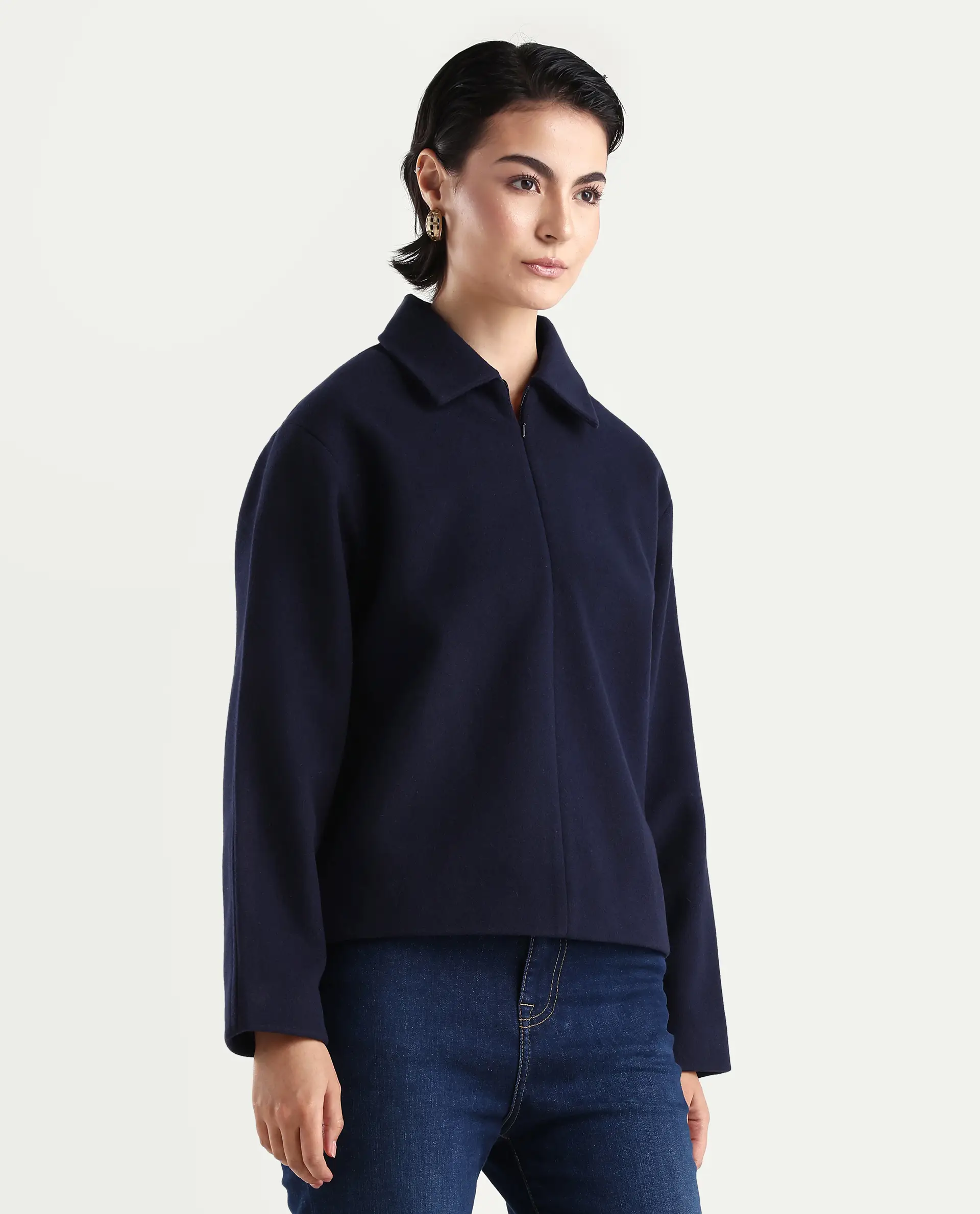 Rareism Women's Nacoz Navy Polyester Blend Spread Collar Regular Fit Jacket - Image 6