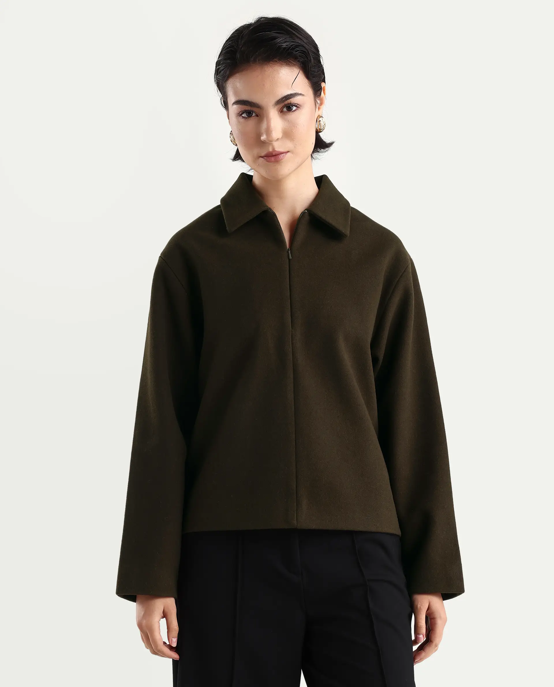 Rareism Women's Nacoz Olive Polyester Blend Spread Collar Regular Fit Jacket - Image 3