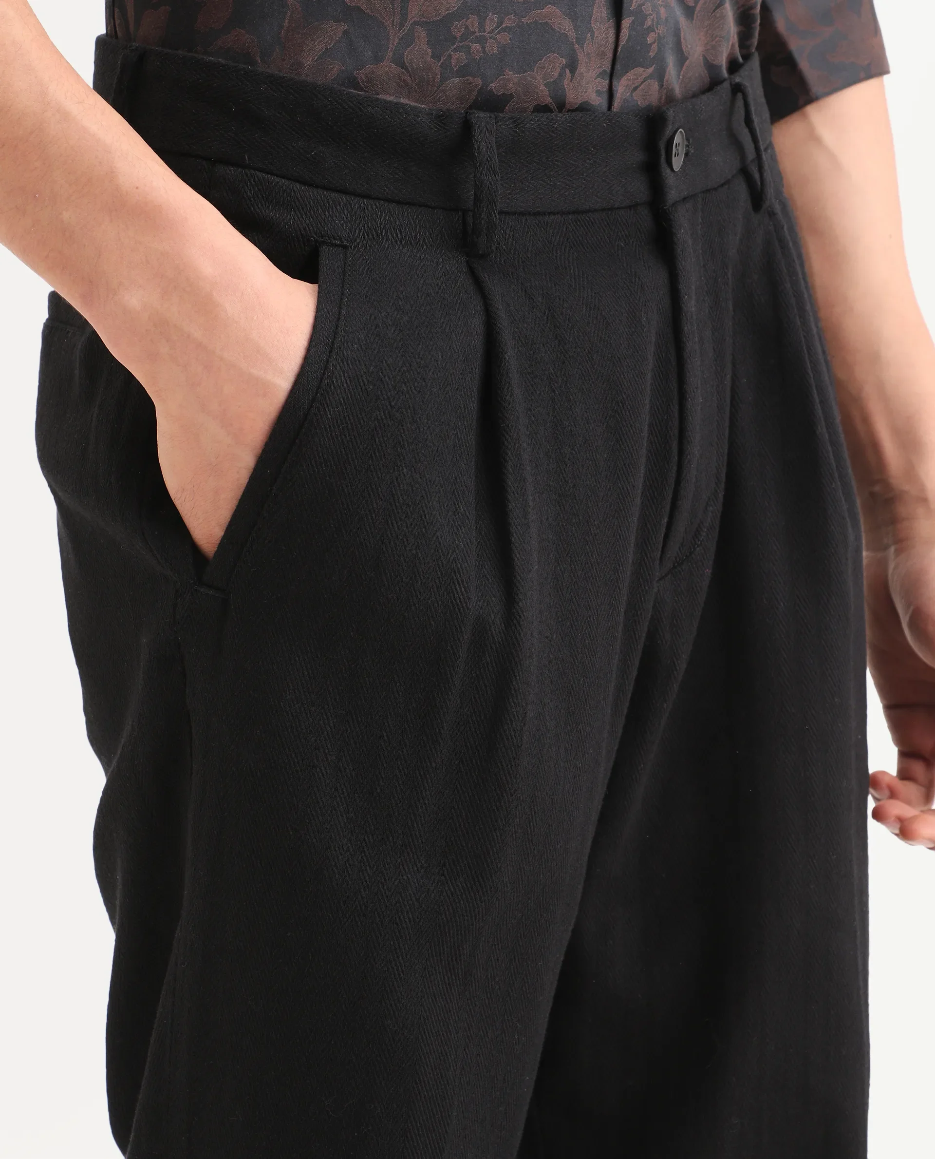 Rare Rabbit Men's Nada Black Cotton Fabric Relaxed Fit Plain Trouser - Image 3