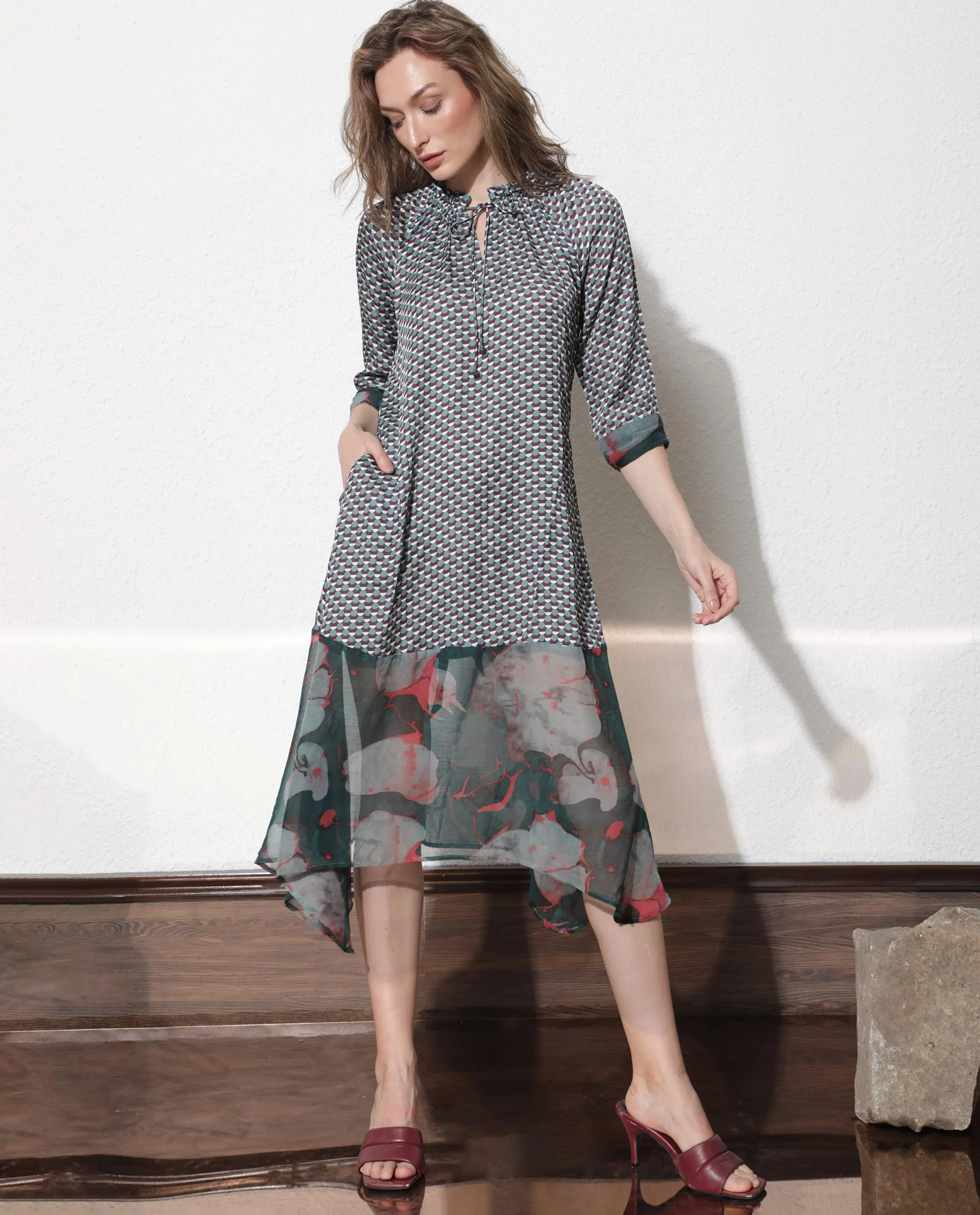 Rareism Women's Nadia Multi Modal Tie-Up Neck Floral Print Knee Length Regular Fit Dress - Image 10