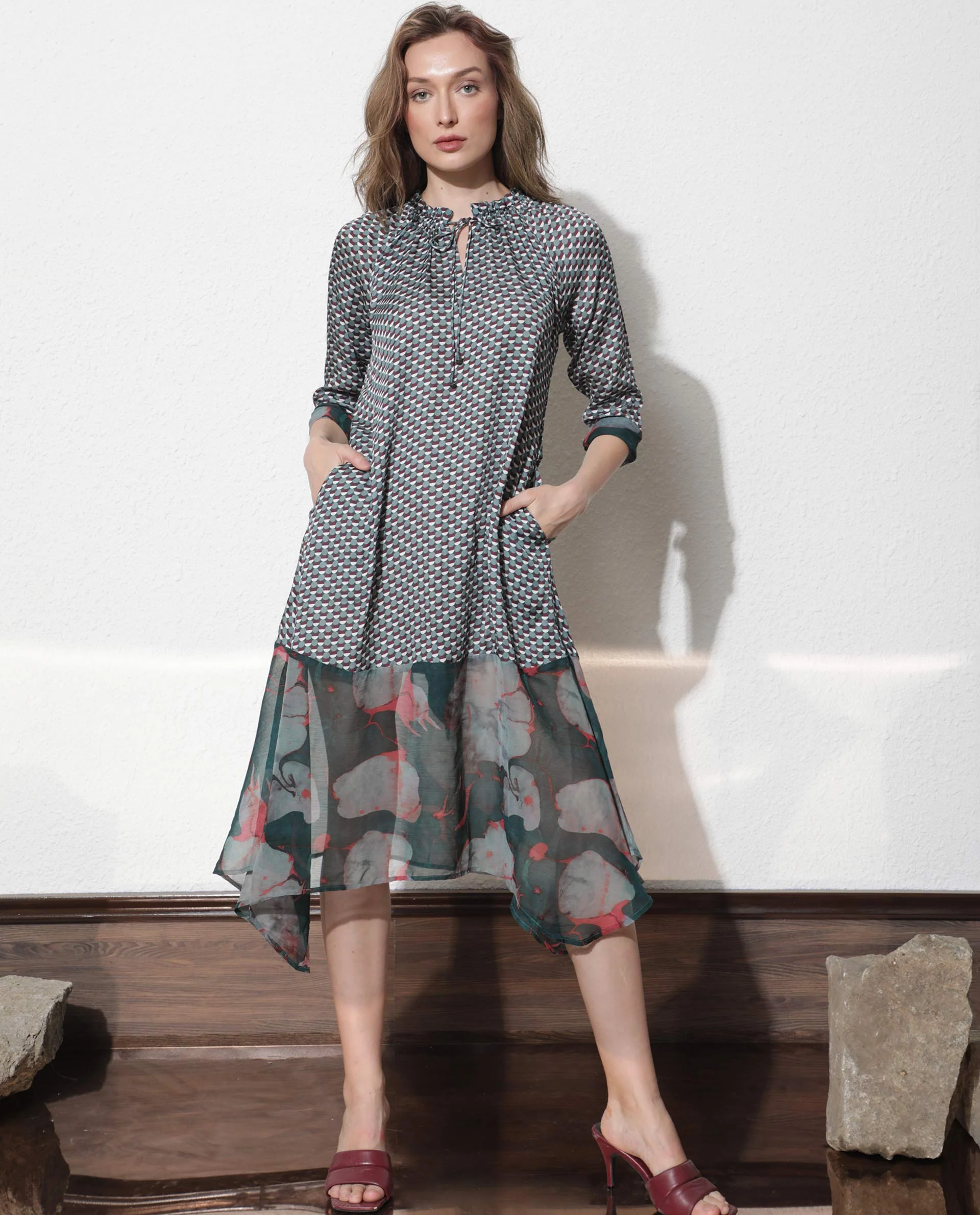 Rareism Women's Nadia Multi Modal Tie-Up Neck Floral Print Knee Length Regular Fit Dress - Image 2