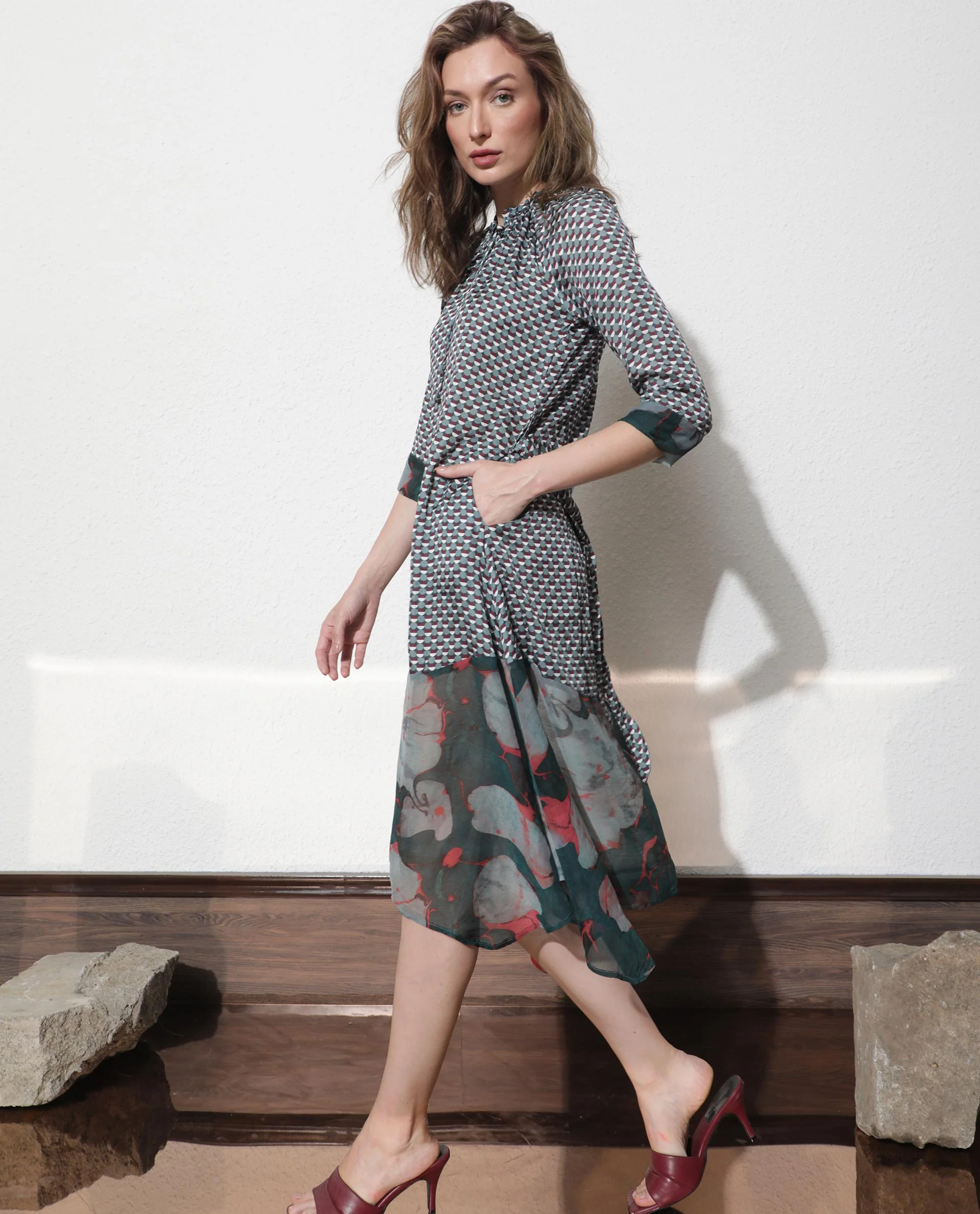 Rareism Women's Nadia Multi Modal Tie-Up Neck Floral Print Knee Length Regular Fit Dress - Image 9