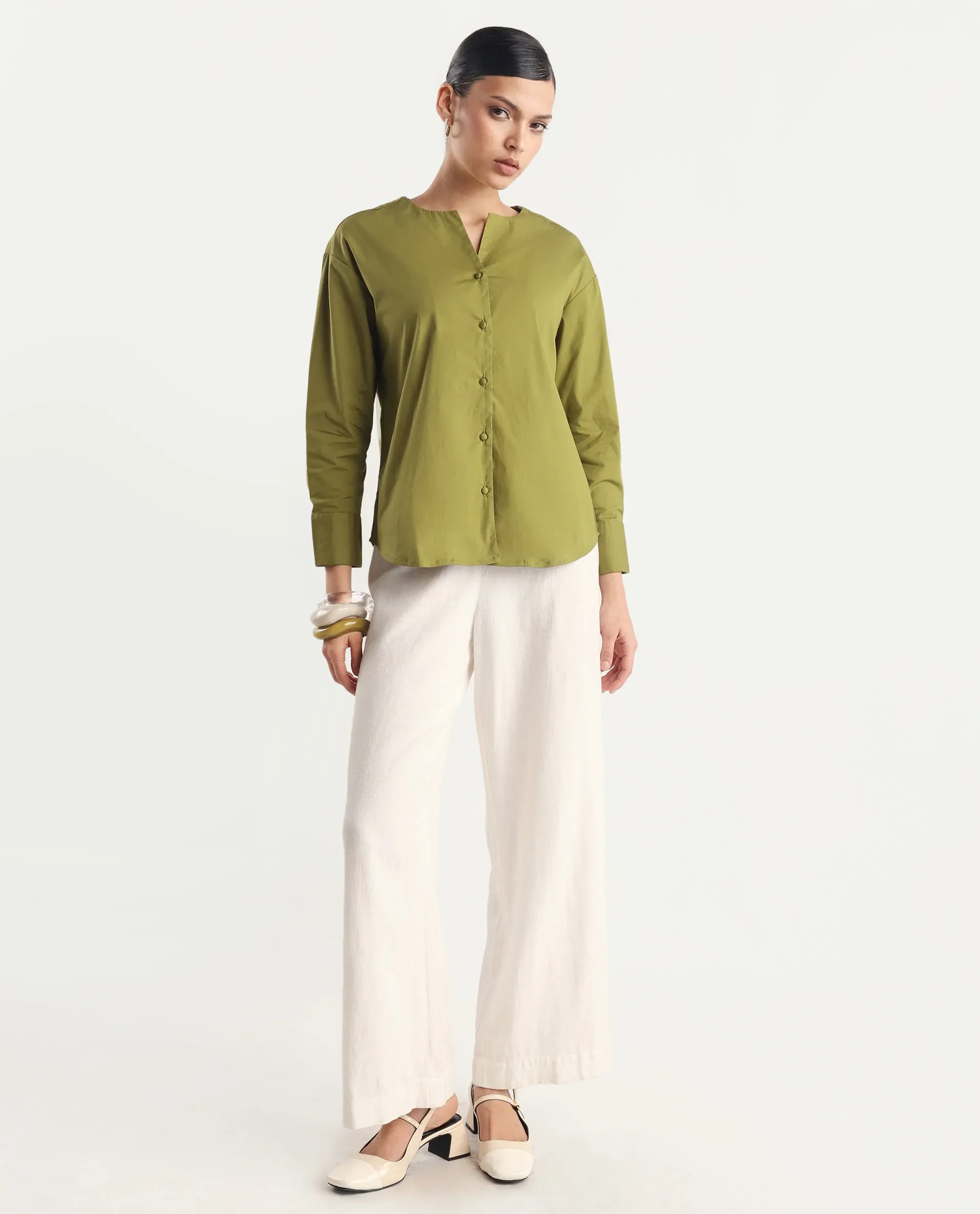 Rareism Women's Nagoya Green Cotton Blend Crew Neck Plain Cuffed Sleeve Regular Fit Top - Image 2