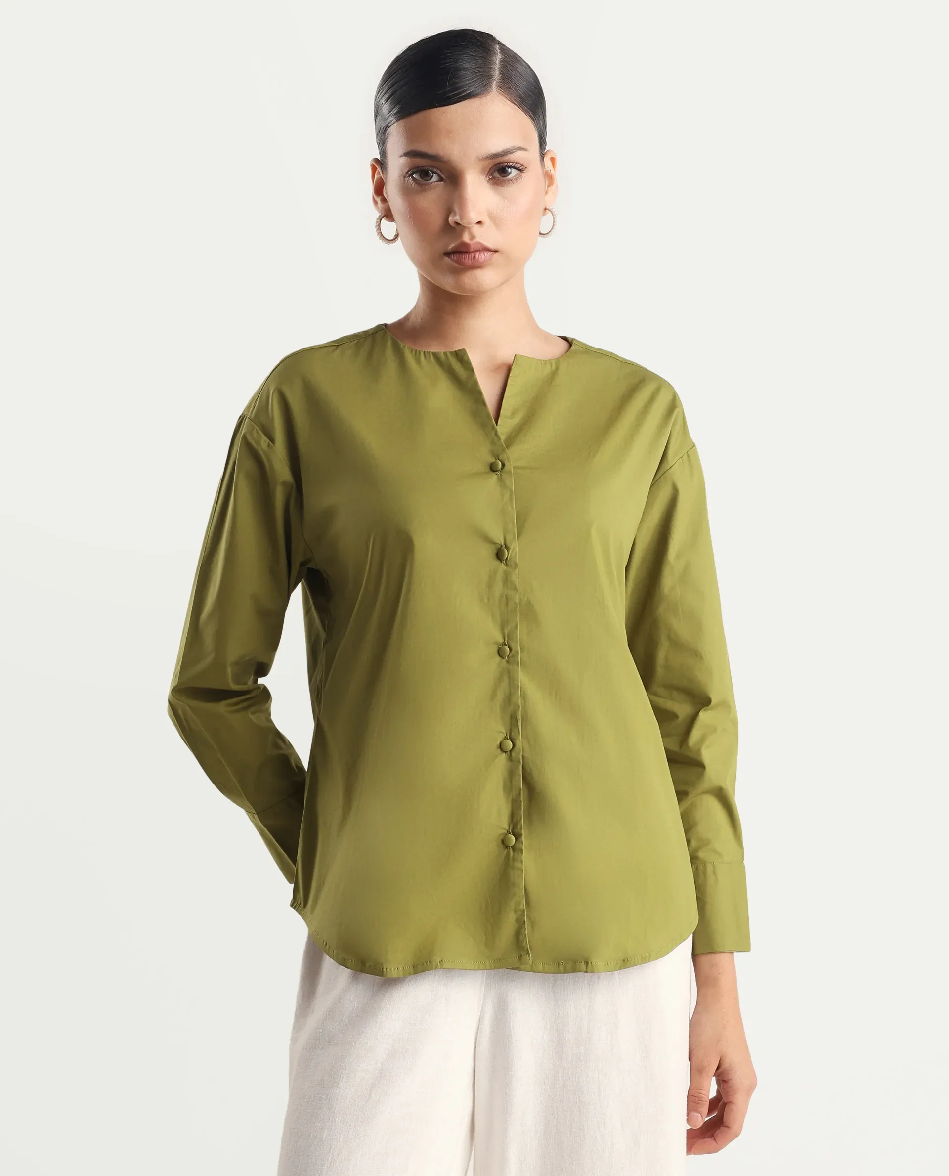 Rareism Women's Nagoya Green Cotton Blend Crew Neck Plain Cuffed Sleeve Regular Fit Top - Image 4