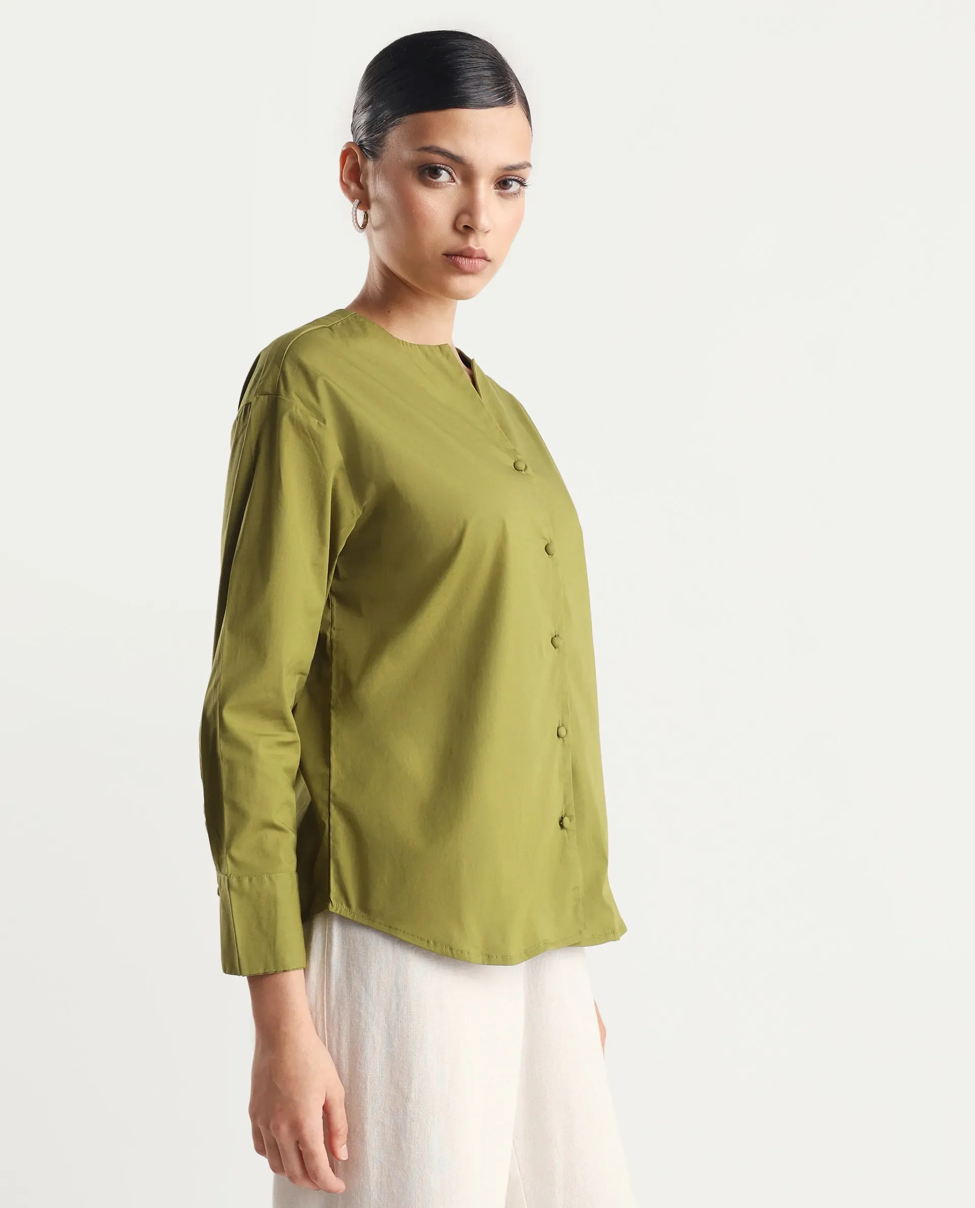 Rareism Women's Nagoya Green Cotton Blend Crew Neck Plain Cuffed Sleeve Regular Fit Top - Image 5