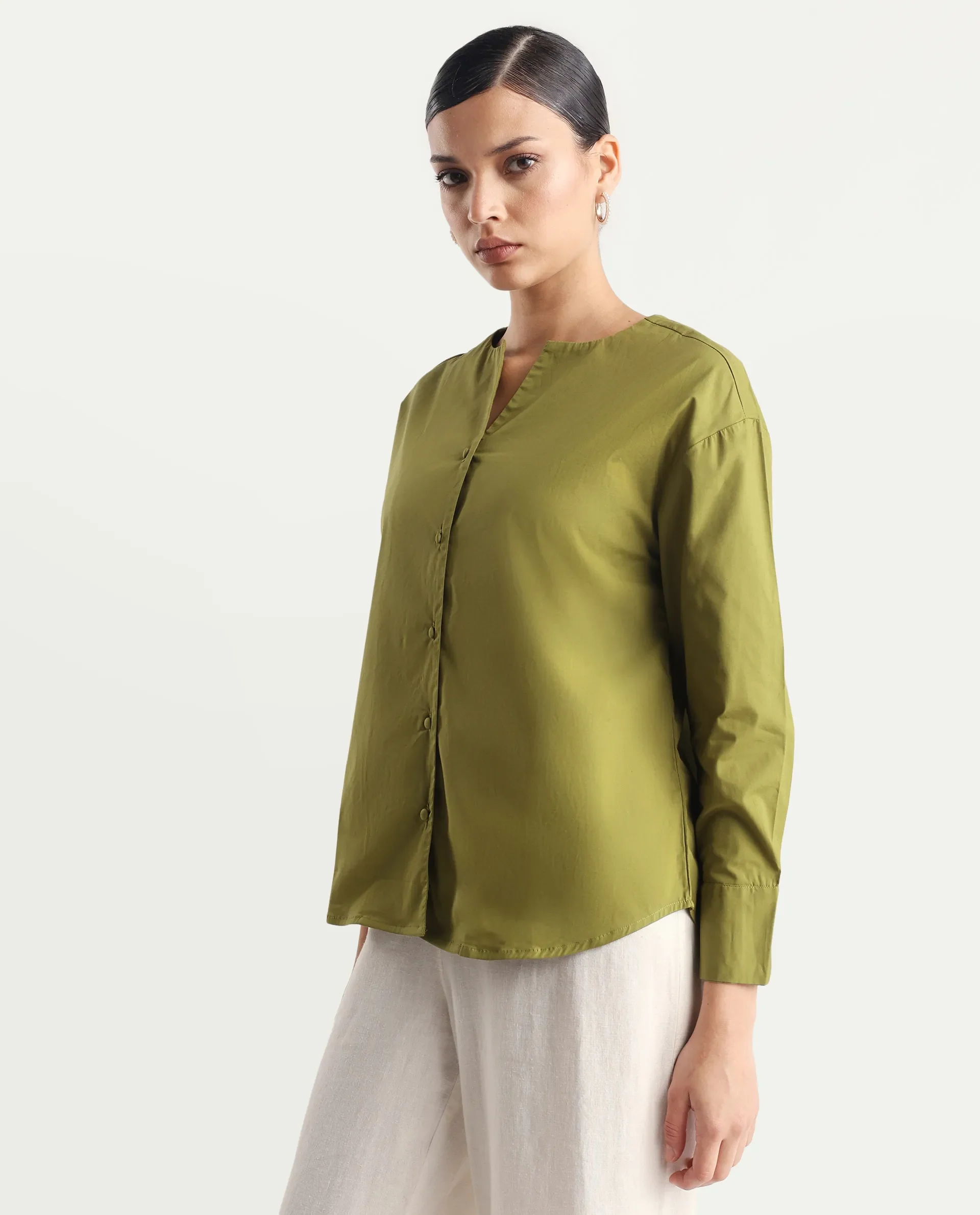 Rareism Women's Nagoya Green Cotton Blend Crew Neck Plain Cuffed Sleeve Regular Fit Top - Image 6