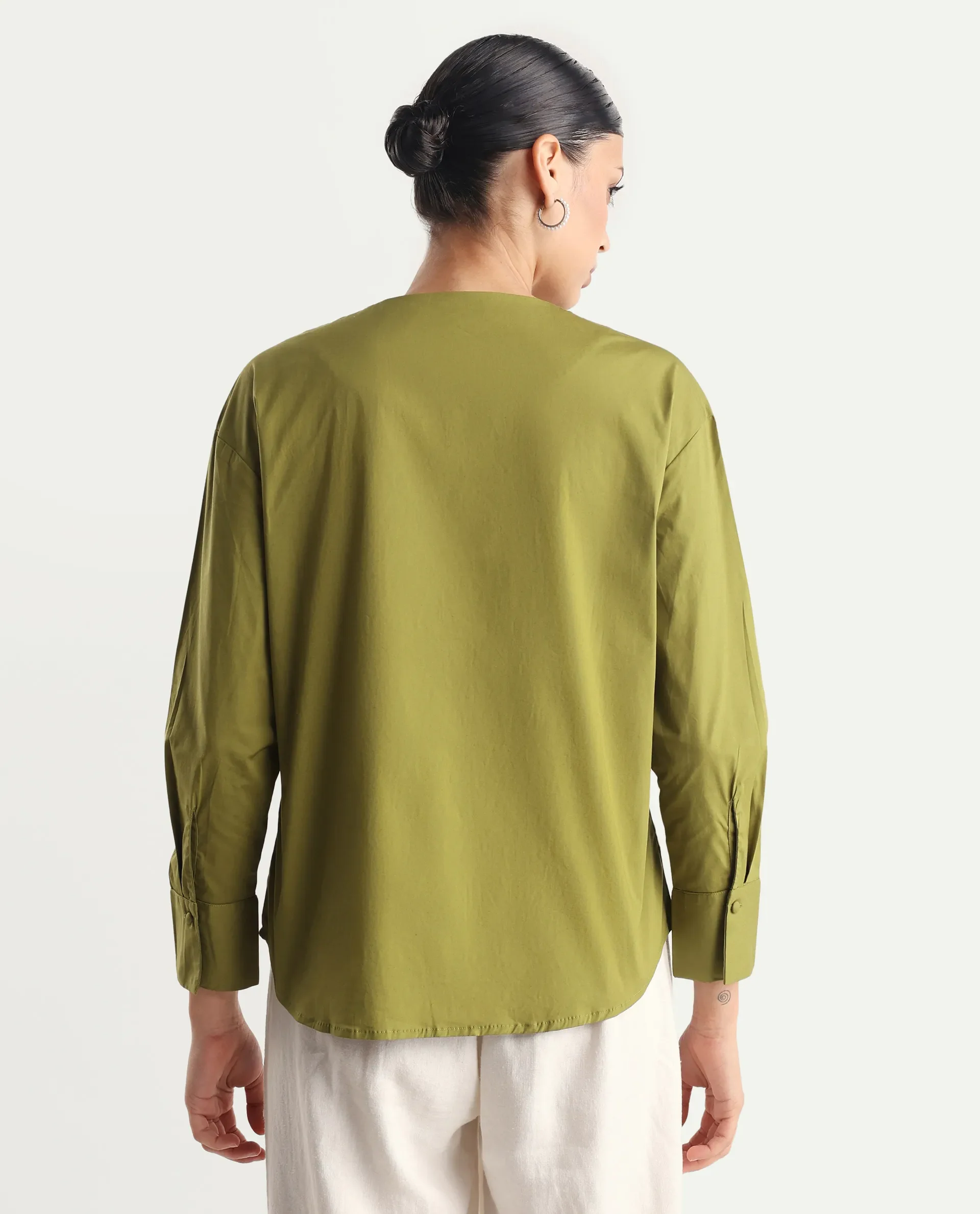 Rareism Women's Nagoya Green Cotton Blend Crew Neck Plain Cuffed Sleeve Regular Fit Top - Image 7