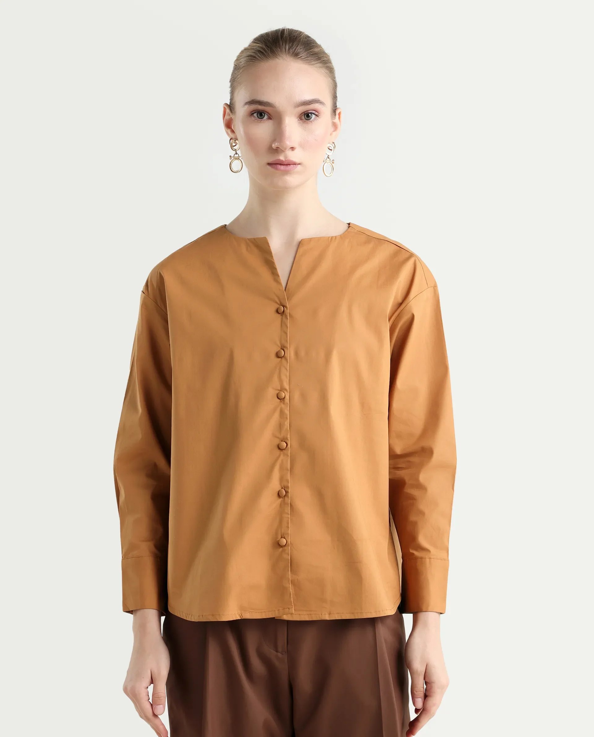 Rareism Women's Nagoya Light Brown Crew Neck Plain Cuffed Sleeve Regular Fit Top - Image 3